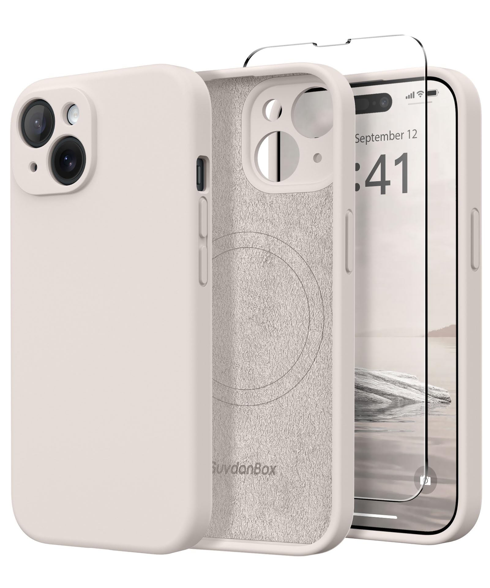 SuydanBox Magnetic for iPhone 15 Case, Compatible with MagSafe, [Screen Protector + Full Camera Protection], Silicone Shockproof Anti-Scratch Protective Phone Case for iPhone 15 6.1", Stone
