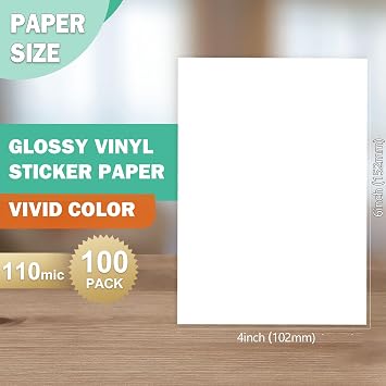 4x6 Removable Self-adhesive Vinyl Sticker Paper, Waterproof, 4R Size, Suitable for Laser and Inkjet Printer, Glossy White, 100 Pack