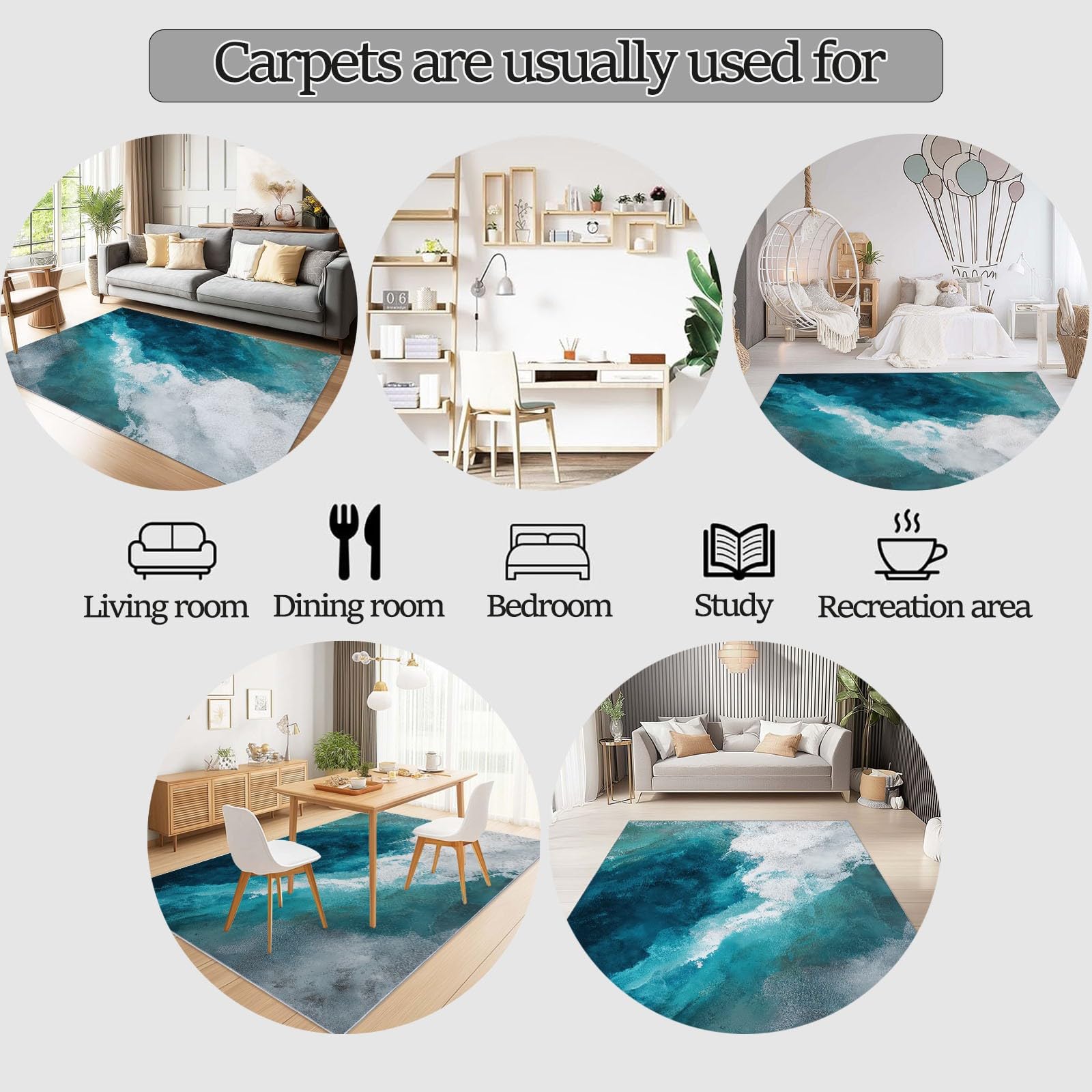 Tappeto per soggiorno 120 x 170 cm Tappeti lavabile in lavatrice morbido a pelo corto per camera da letto Moderno Effetto consumato Ombreggiatura tappeto resistente alle macchie Lago Blu Bianco