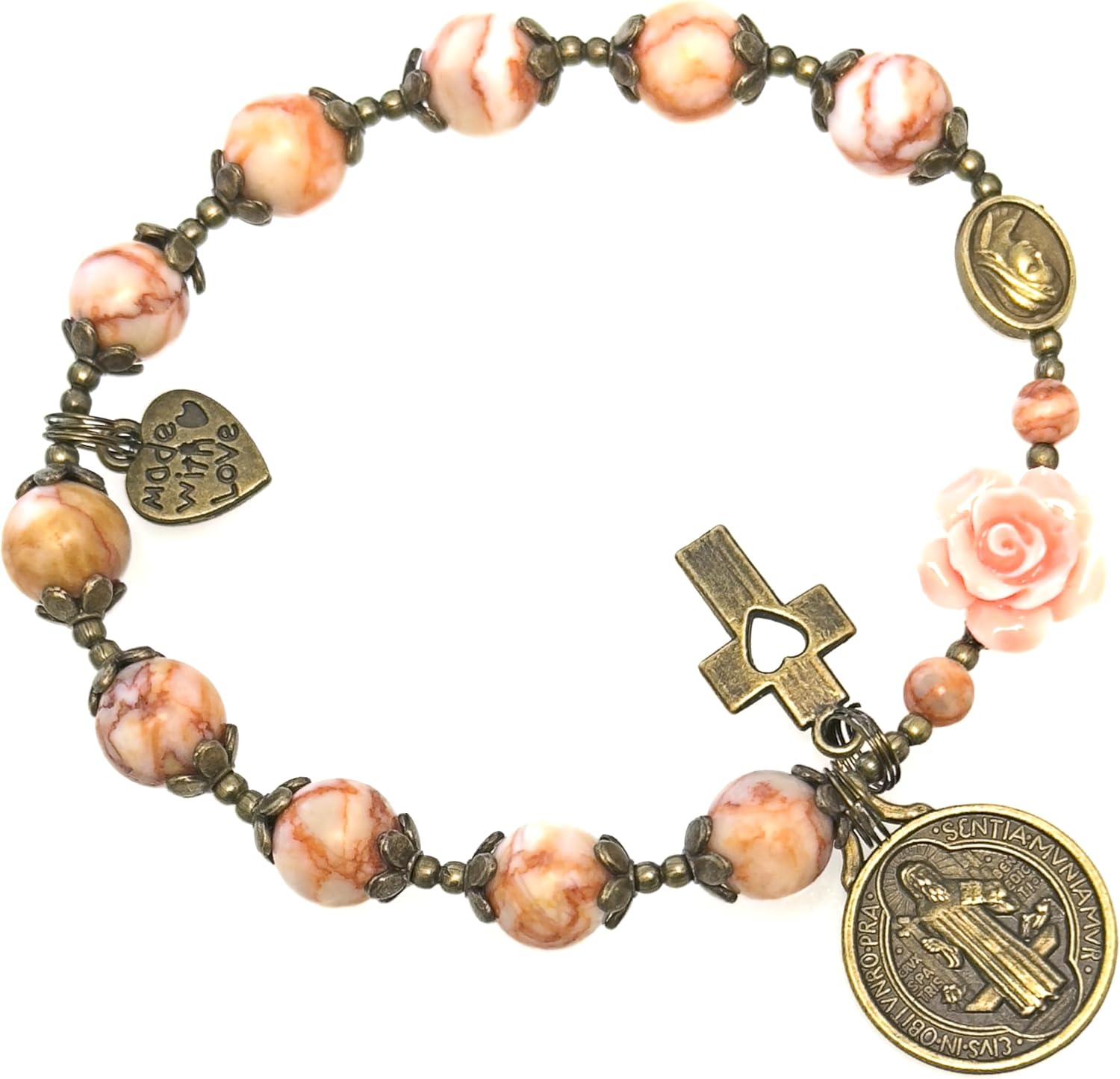Catholic Rosary Stretch Bracelet | Single Decade Rosary | Rosary Beads | Women Girls | Handmade | Customizable | Red Picasso Jasper | Antique Bronze Finish | St Benedict | 108-RB