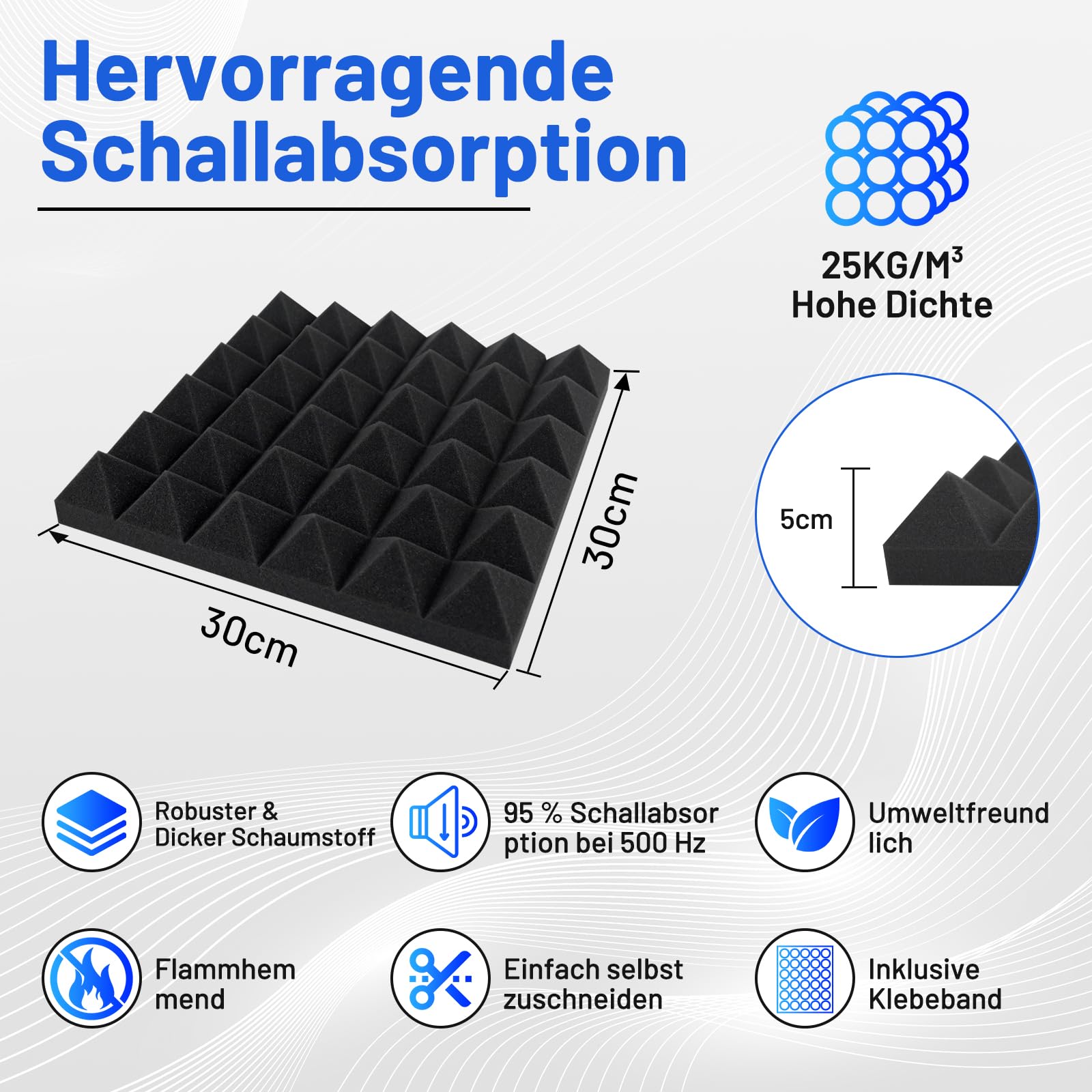 50 Stück Akustikschaumstoff Schallschutzplatten, 5 X 30 X 30 CM Schalldämmung Akustikpaneele, Schallschutz Akustikschaumstoff, Akustik Schaumstoffplatten für Aufnahmestudio, Heimbüro, Spielzimmer