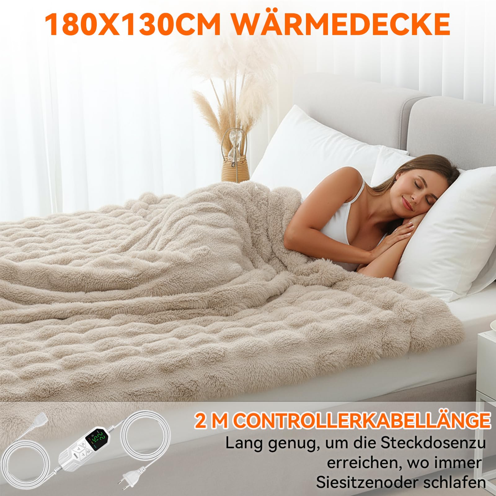 Warmfay Heizdecke mit Abschaltautomatik, 180 × 130 cm Kunstfell Kaninchen Fleece Wärmedecke Elektrisch Heizdecke mit 8 Heizstufen & 1-12H Timer, Waschbar Kuscheldecke für Bett & Sofa - Aprikose