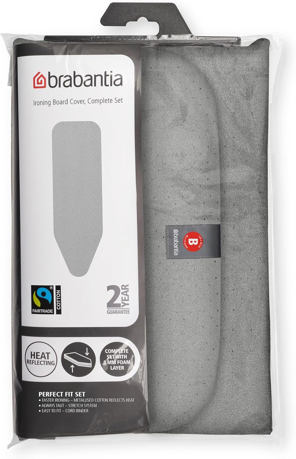 brabantia size b (49 x 15 in) replacement ironing board cover with thick foam & felt padding (metallized) easy-fit, 100% cotton foam/felt padding size b (49 x 15 in) metallised