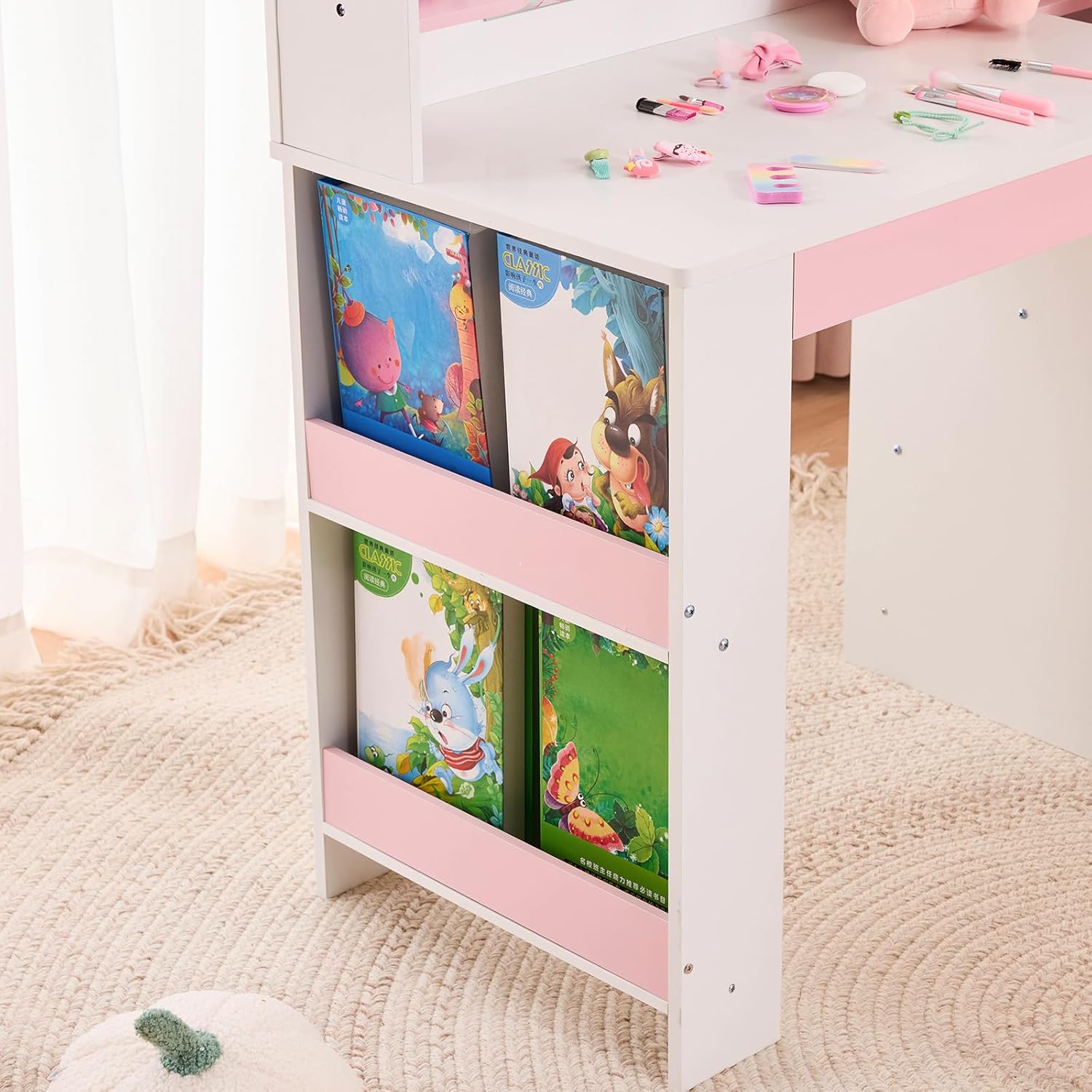 White Pink Castle Kids Vanity Set with Storage, for Girls Bedroom & Playroom, Childrens Dressing Table with Drawer, Shelf