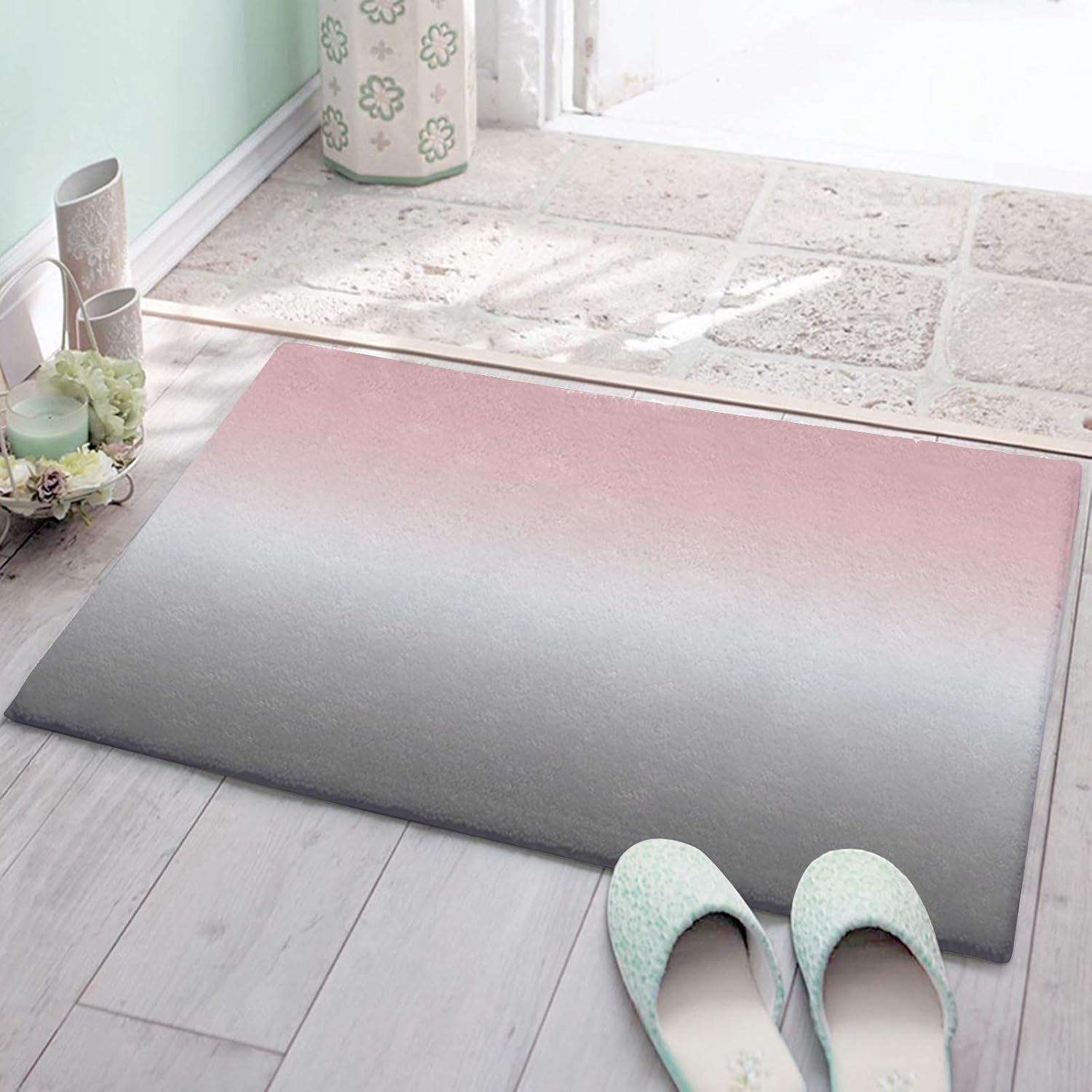 Savannan Bathroom Rug, Ombre Pink and Gray Bath Mat Non-Slip Water Absorbent Microfiber Soft Plush Shaggy Bath Rugs for Shower, Bedroom, Bathtubs 16" x 24"