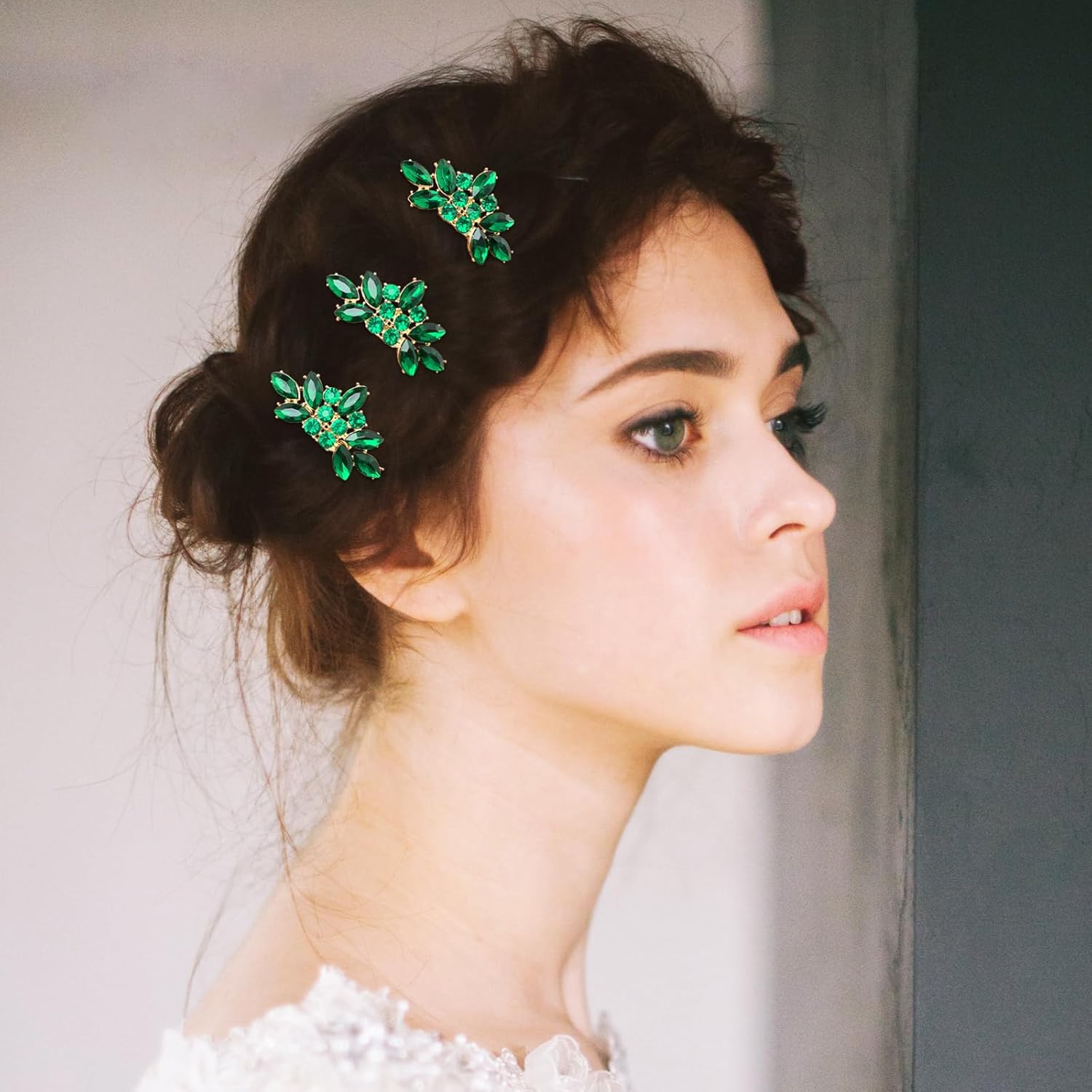 BETITETO Bridal Crystal Hair Piece with Comb 3 Pieces Small Rhinestone Wedding Gold Hair Pins Accessories for Women Girls (Green) - Image 2