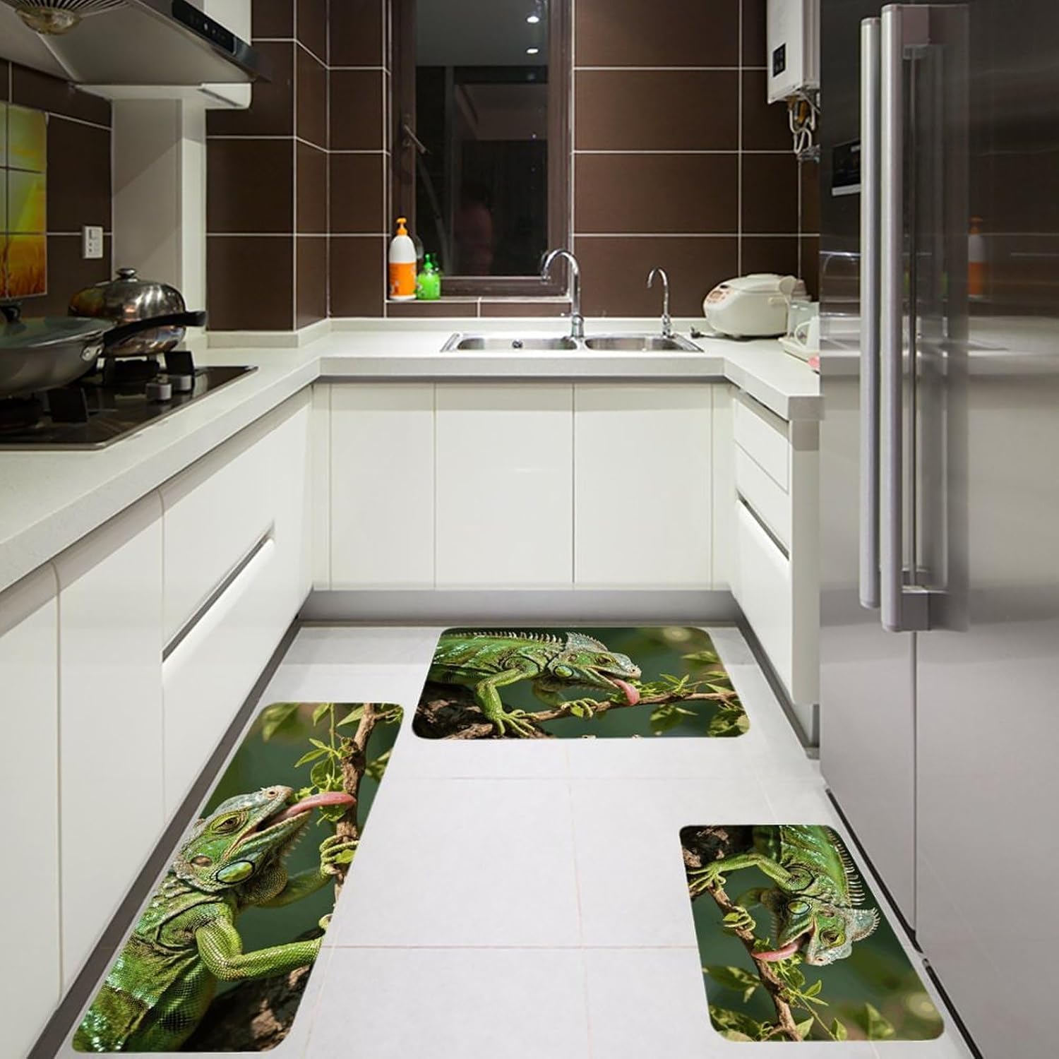 Green Iguana Feeding Kitchen Mats for Floor 3 Pcs Kitchen Rugs
