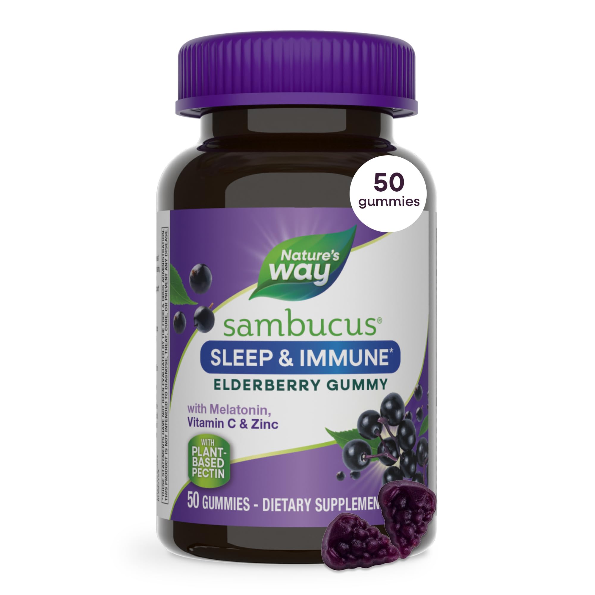 Nature's Way Sambucus Sleep + Immune Gummies, with Melatonin, 50 ct | Sleep Support with Melatonin*, Vitamin C & Zinc for Immune Support*, Black Elderberry Extract, L-Theanine