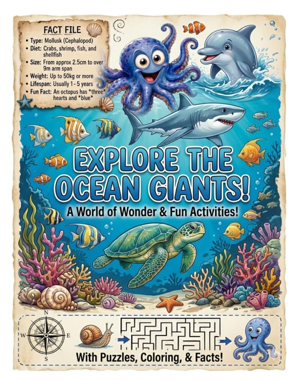 EXPLORE THE OCEAN GIANTS!: Ocean Life Activity Book for Kids: Fun Facts, Coloring Pages, Mazes, and Trivia Quizzes for Ages 4-8