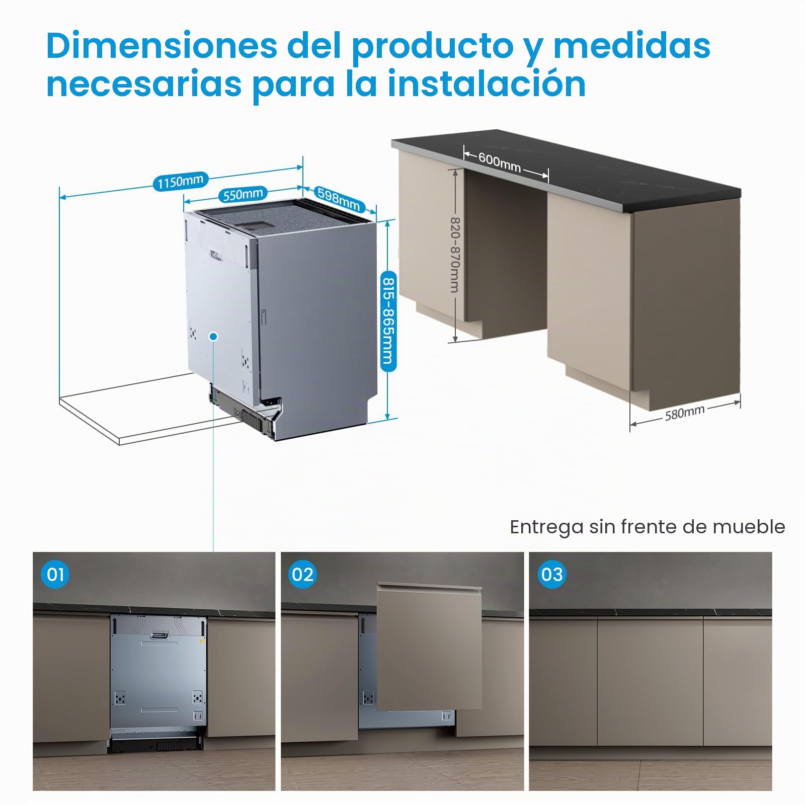 Midea SV 5.14K14C Lavavajillas Integrado 60 cm, 14 cubiertos, Lavavajillas integrable con WiFi, 8 programas, 44 dB, Apertura automática de puerta, 0-24H Inicio retardado, Acero inoxidable