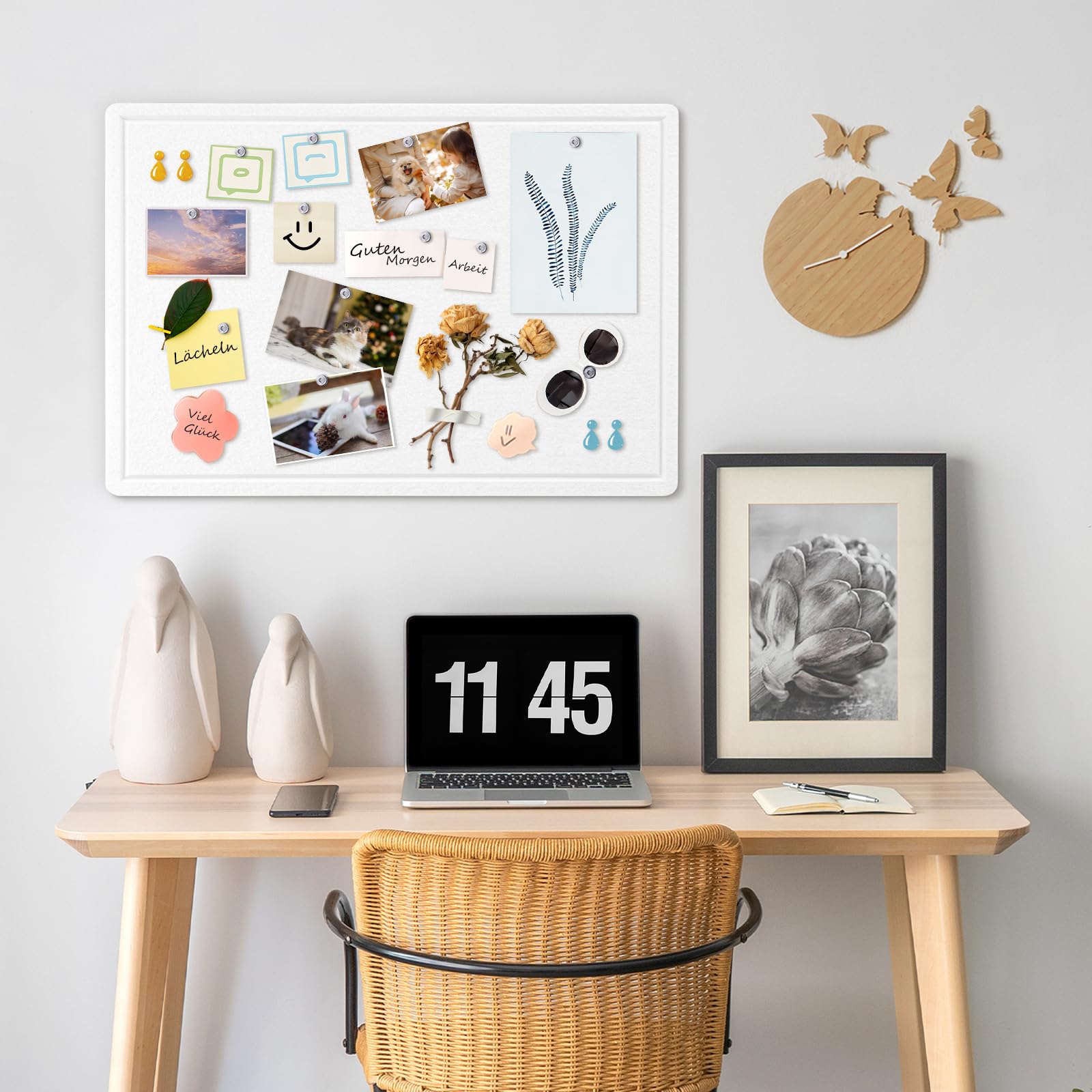 Lightomorrow Tablón de anuncios, 84 x 59 cm, tabla de fieltro – alternativa decorativa a la pared, tablero plegable con tabla de oración autoadhesiva y 20 agujas – blanco
