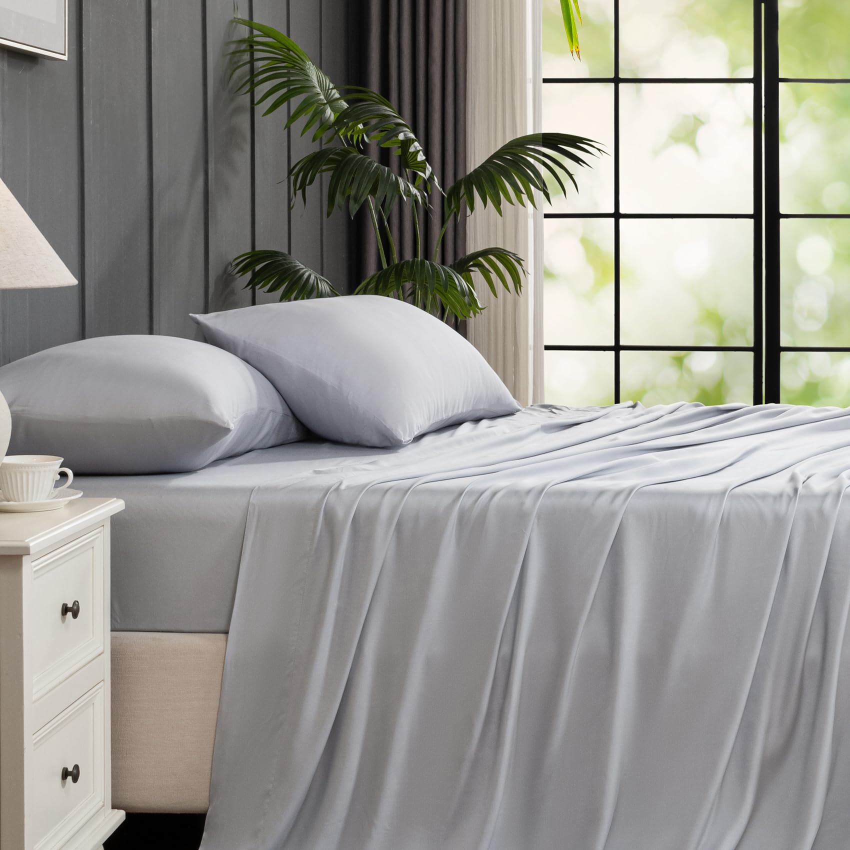 Yibeizi Light Grey 100% Viscose Derived from Bamboo Sheet Set Full Size, 4 Pieces Cooling Silky Bed Sheets for Hot Sleeper, Luxury Soft Deep Pocket