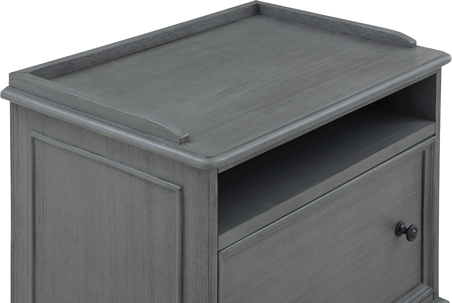 OSP Home Furnishings Country Meadows Lateral File Cabinet with Top Shelf, Plantation Grey