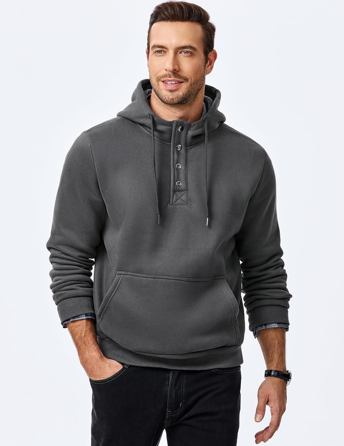 JMIERR Mens 2025 Casual Fahsion Fall Hoodie Pullover Quarter Drawstring Fleece Winter Button Hooded Shirt with Pocket - Image 8