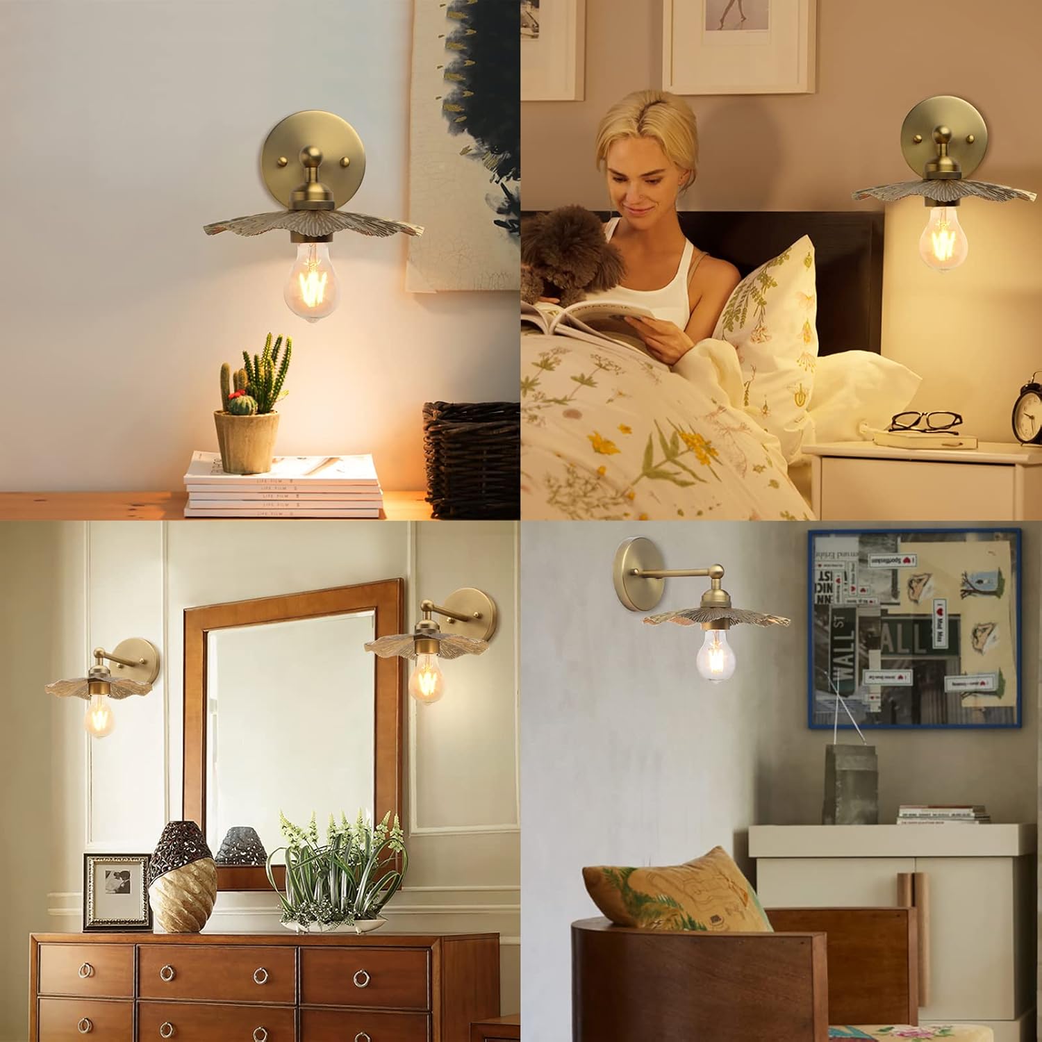 Pathson Set of 2 Metal Wall Sconce Brass Finished, Split Flower Design Wall Lamp Fixture, Home Decor Art Wall Light Hardwired Farmhouse Lighting for Living Room Hallway Bedside