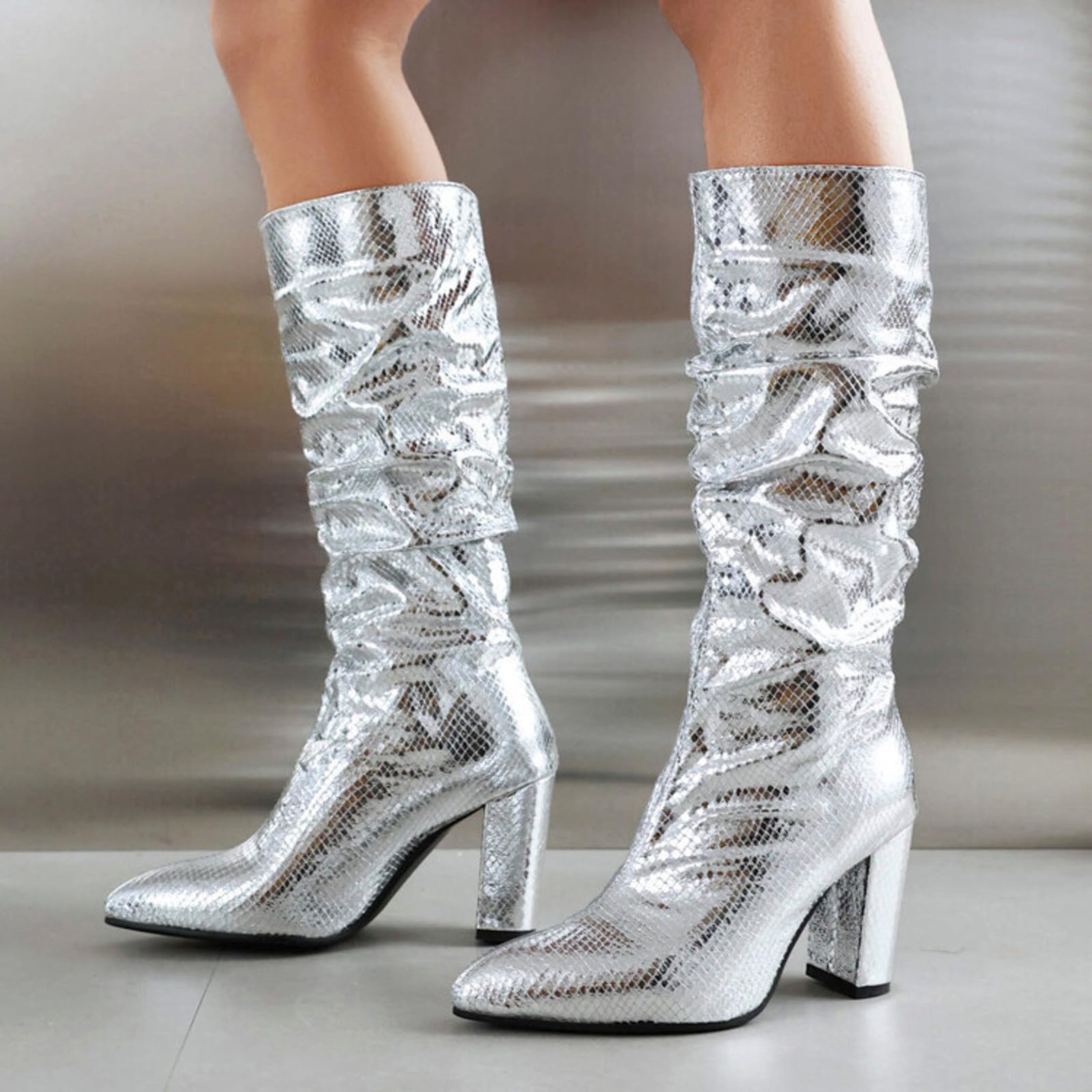 Generisch Bottes d'équitation en métal argenté pour femme - Pour défilés de mode - De luxe - Pour mariage et soirée - Bottes de scène en T pour boîtes de nuit - Bottes longues européennes et