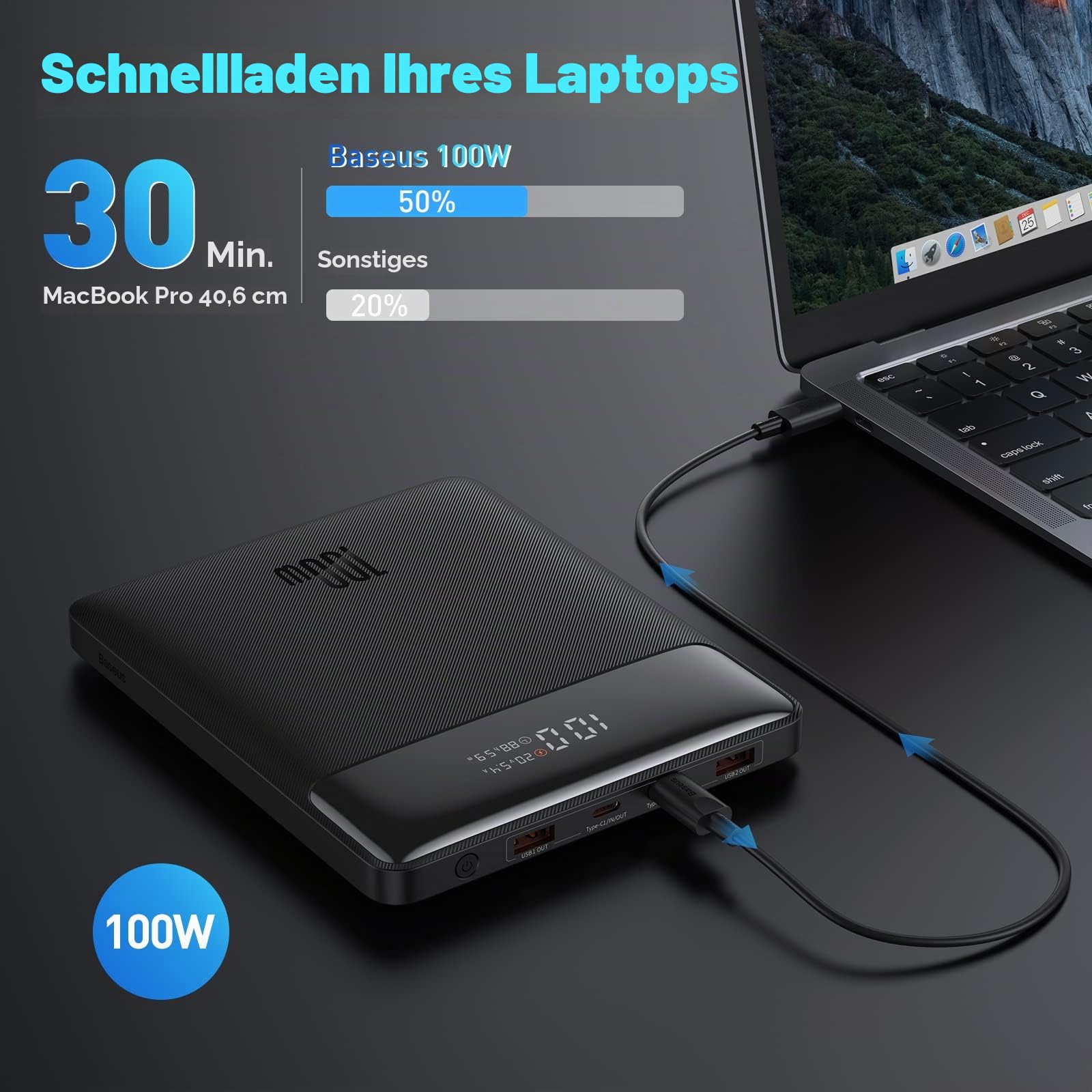 Baseus Power Bank, Powerbank 20000mah 100W Slim Laptop Powerbank USB C Digitalanzeige Schnelllade Externe Handyakkus für Laptop, MacBook Air, Dell, IPad, HP, iPhone, Samsung, Switch, ROG Ally