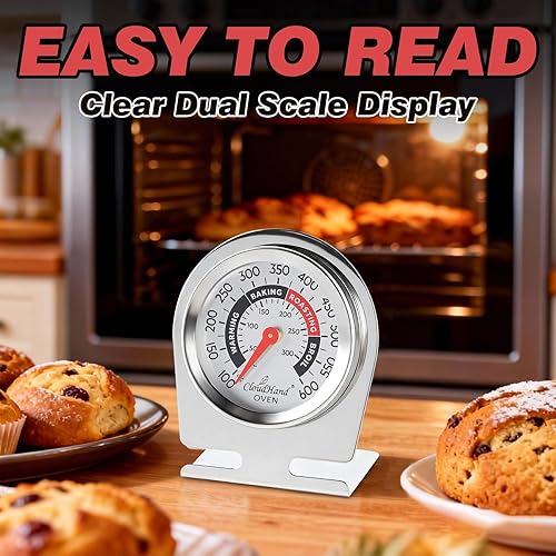 Miniatura 2 de CloudHand Termómetro para horno, termómetro de acero inoxidable de 2 pulgadas para horno y parrilla, doble escala de 100 a 600 F  50 a 572.0 F,