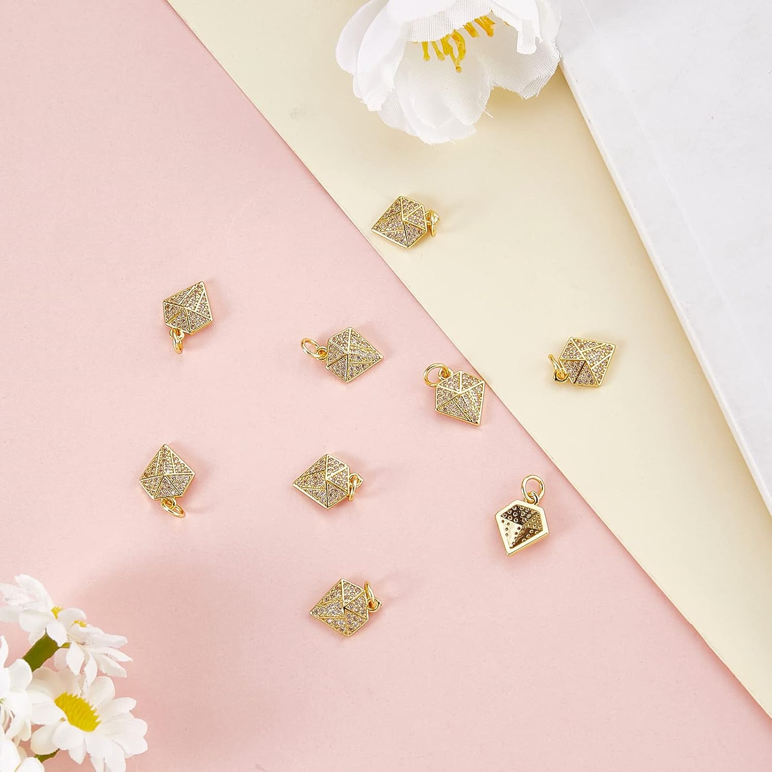 10 Pieces Brass Micro Pave Cubic Zirconia Charms Pendant Diamond Shape Brass Charm Light Gold for Jewelry Necklace Earring Making Crafts - Image 6