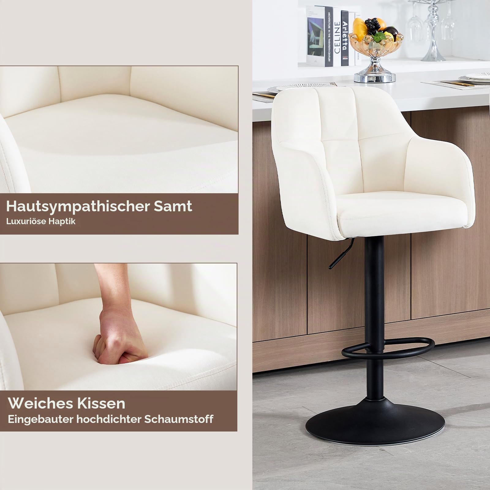 Moderne Barhocker 4er Set, Thekenhoher Samt Barhocker mit Armlehnen Höhenverstellbarer Barstuhl für Kücheninsel Heimkino Esszimmer, Creme