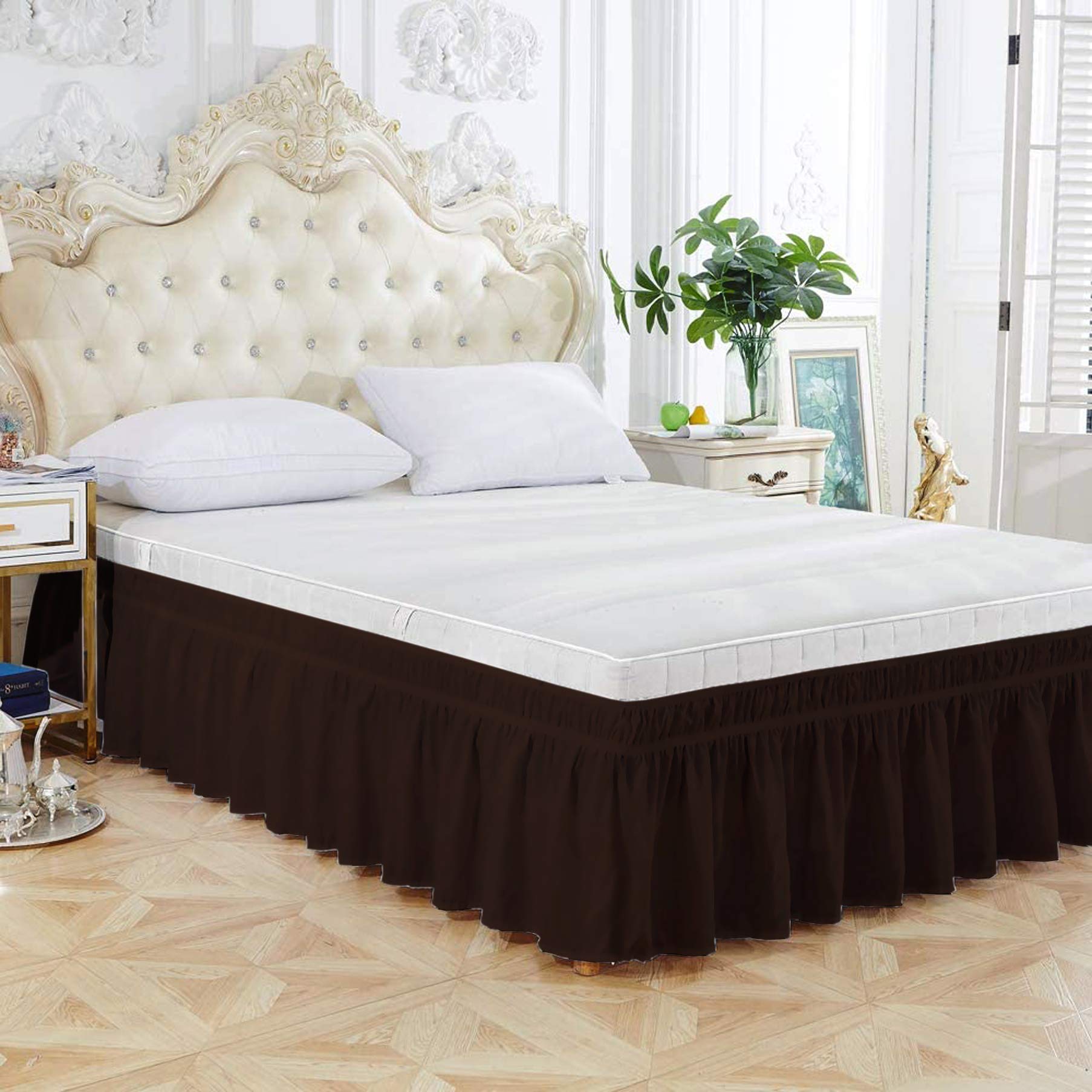 Egyptian Cotton 500 Thread Count Queen Size Wrap Around Bed Skirt(78" x 60") with Adjustable Three Fabric Sides Elastic Belts, Easy Fit Bed Skirt - 15" Height Chocolate Brown Color-image-2