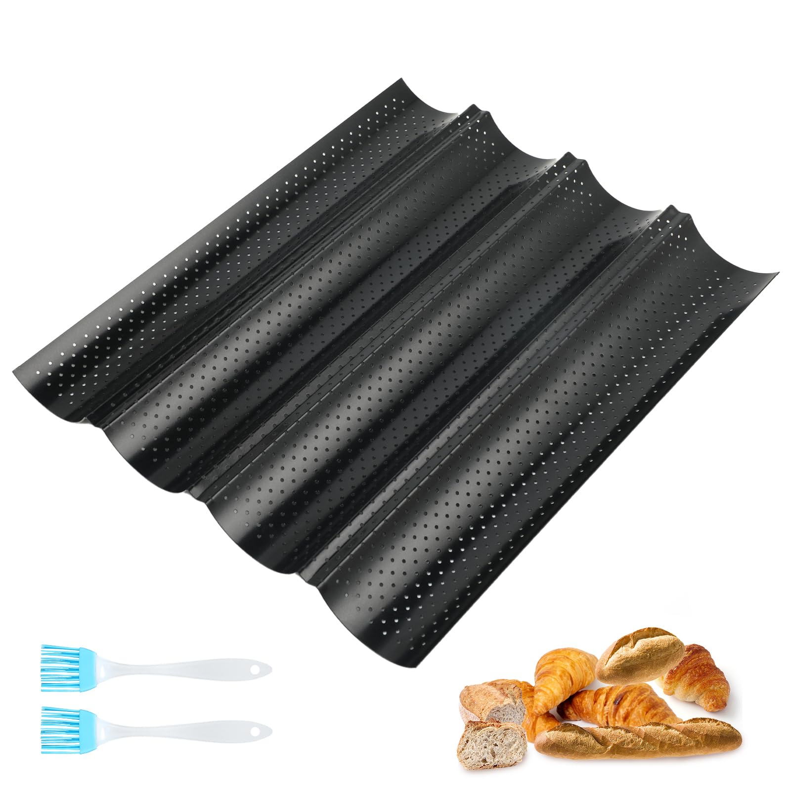Baguetteblech Für 3 Baguettes – Karbonstahl Backform Mit Antihaftbeschichtung, Perfektes Baguette Backblech Schwarz 38x24,5cm