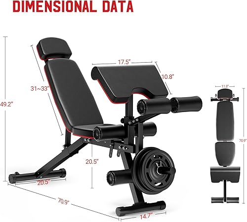Miniatura 7 de XDDIAS Banco de pesas, banco de entrenamiento para gimnasio en casa con reposacabezas extendido, extensión de piernas y almohadilla de rizo de
