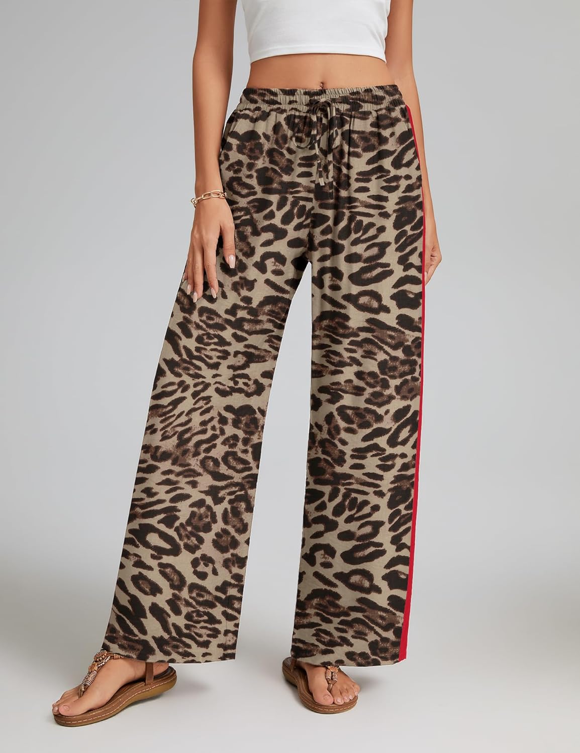Rapbin Women's Leopard Wide Leg Pants Casual Side Striped High Waisted Palazzo Trousers with Pockets Spring 2026 - Image 6