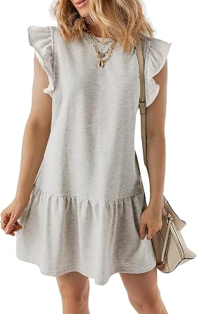 Acelitt Womens Casual Summer Crewneck Babydoll Flowy Tiered Mini Dress, S-XXL