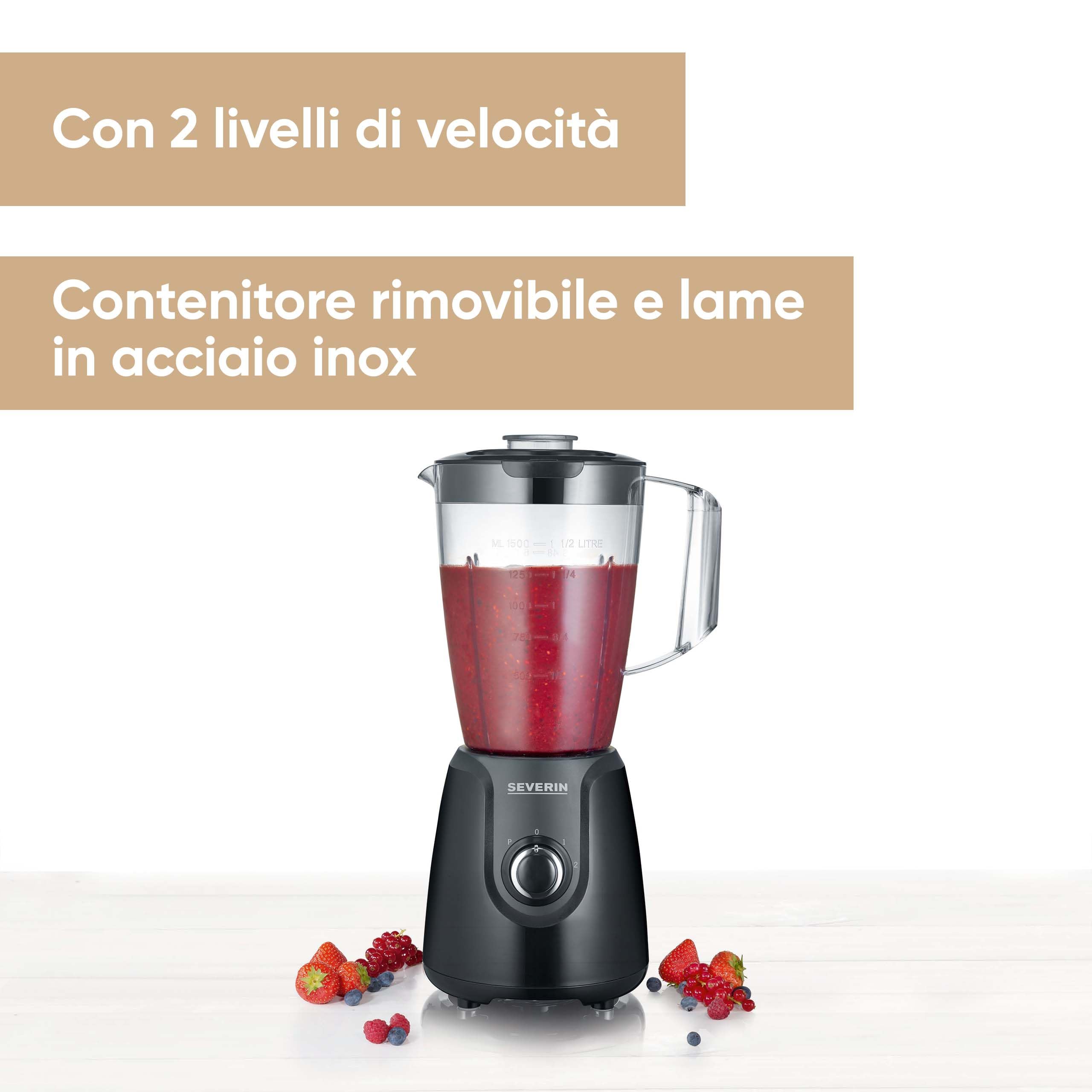 SEVERIN SM 3707 Frullatore con capacità 1,5 L e contenitore in tritan, Frullatore elettrico con 2 velocità e funzione Pulse, Frullatore da cucina con lame in acciaio, 600W, nero