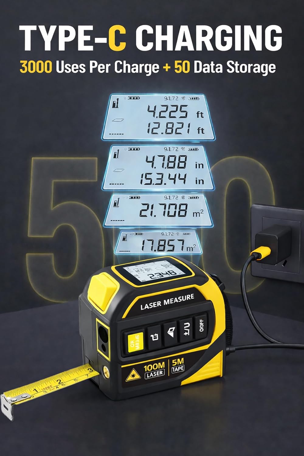 Digital Laser Tape Measure, 16FT Measuring Tape with 328ft Laser Distance Meter, 4-in-1 Rechargeable Tape Measure with Cross-Line Laser, Angle Measurement & 50 Measurement Storage