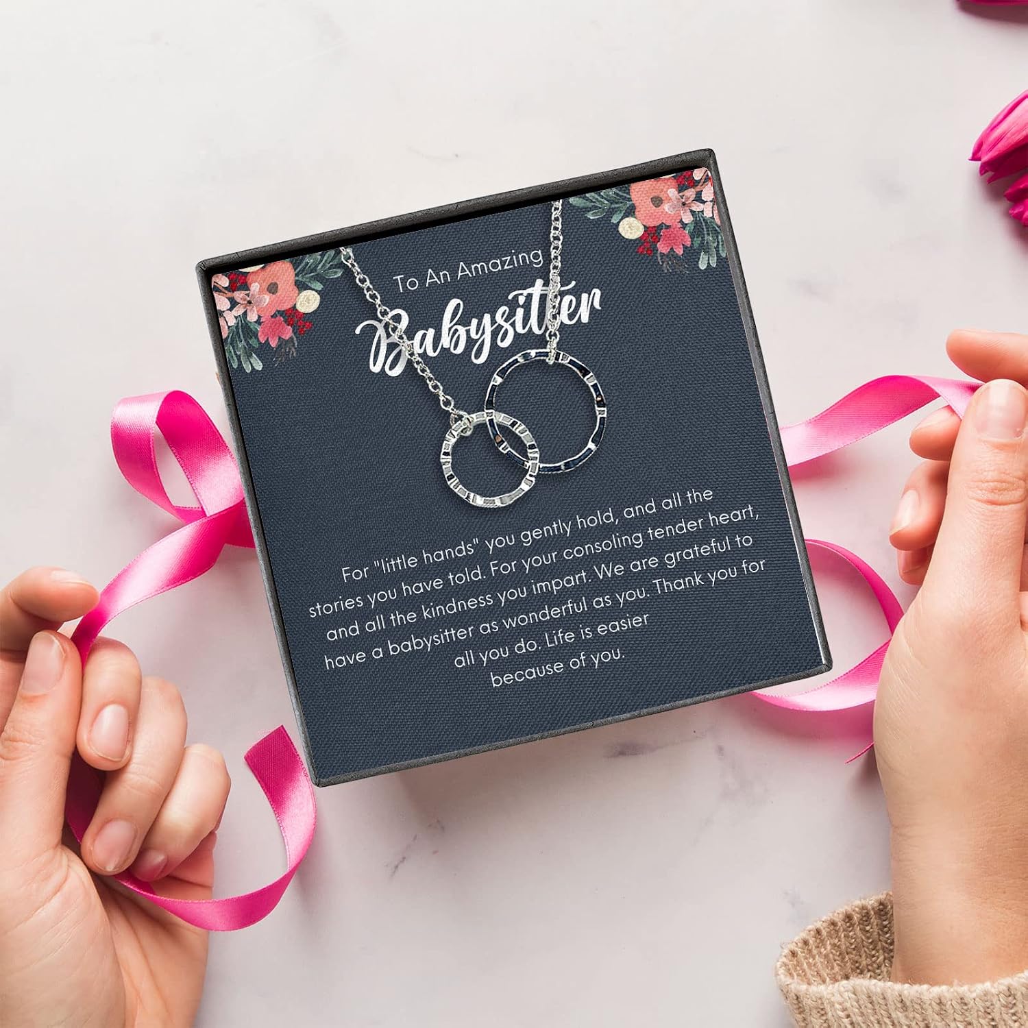 Bubble Hugs Babysitter Necklace Silver Plated Interlocking Rings - Amazing Babysitter - Childminder Thank You Helper Nursemaid Housemaid Appreciate