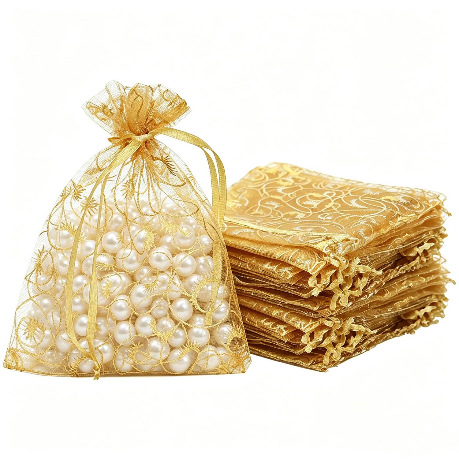 DYSWTUE 100 PCS Organza Gift Bags, 9 x 12cm Sheer Organza Mesh Bag with Drawstring, Printed Gift Pouches for Jewelry, Wedding Favors, Festival Small Present, Christmas Presents, Gold