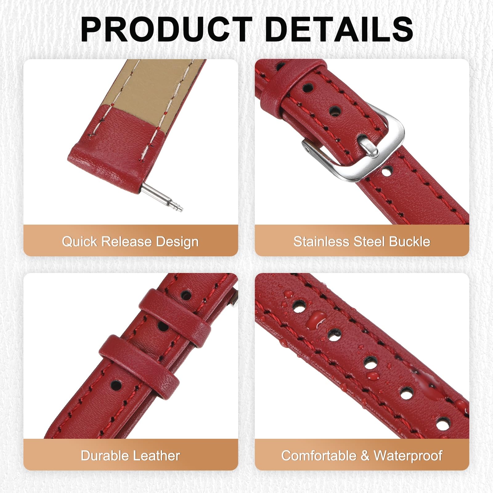 QUARKZMAN Bracelet De Monture En Cuir PU 14mm Bracelet De Montre À Libération Rapide En Cuir Bracelet De Remplacement Pour Montre Avec Boucle En Acier Inoxydable Pour Hommes Femmes, Crimson