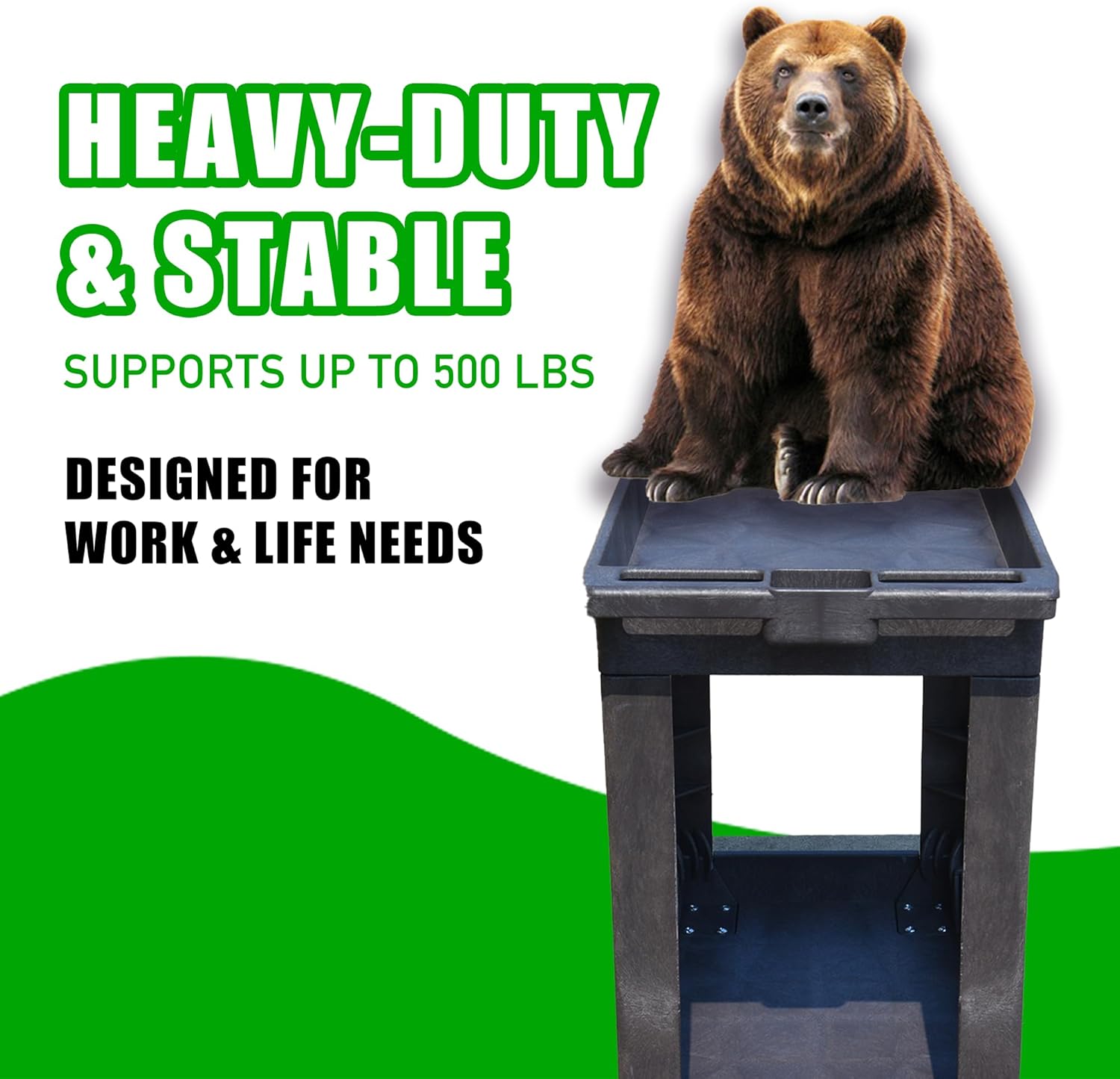 Heavy-Duty Rolling Storage Cart with Open Plastic Shelves and Tall Lip, 500 LB Capacity Utility Cart with Tray Top, Lightweight Wheeled Cart for Garage, Workshop, and Warehouse (Green)