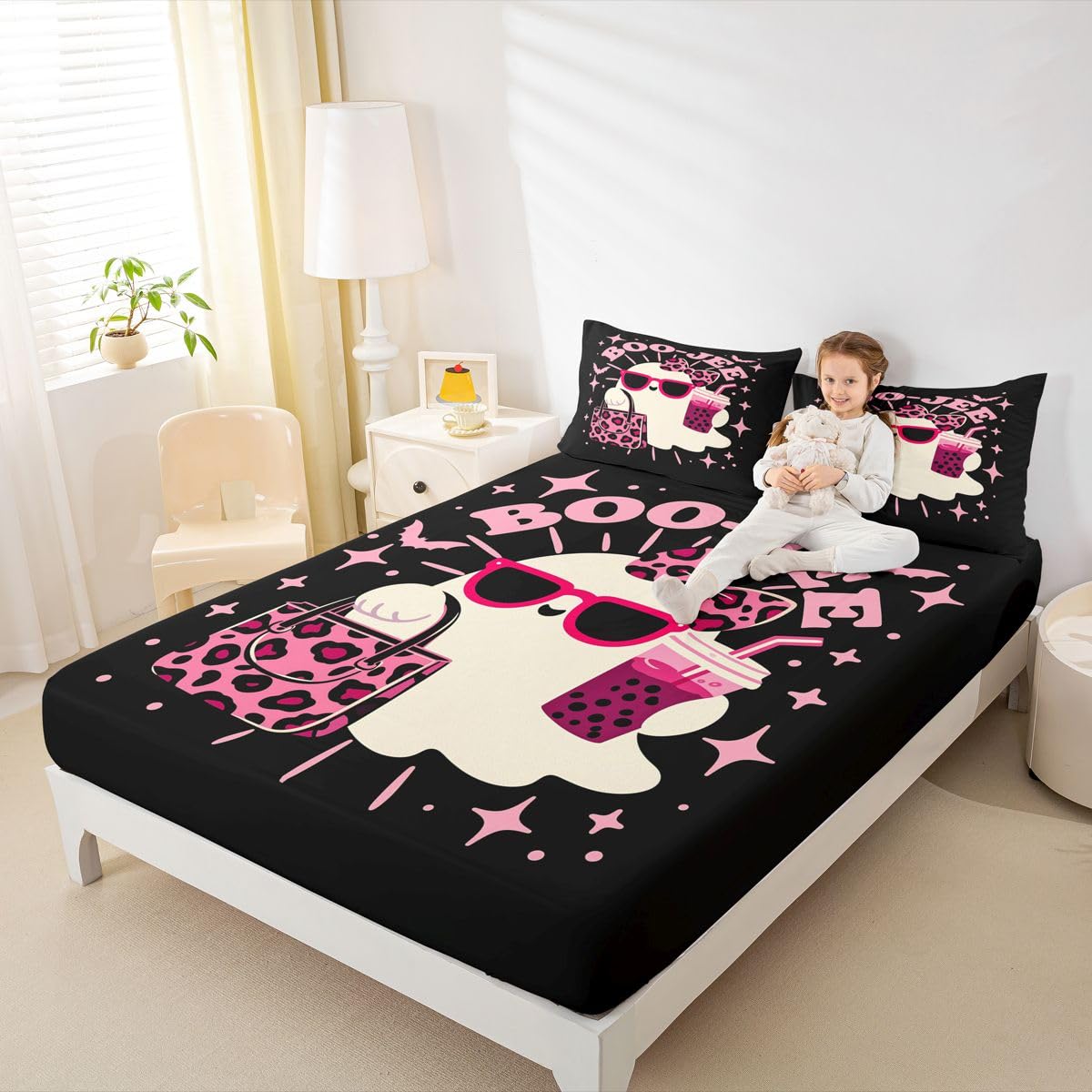 Homewish Sábana bajera ajustable tamaño king con diseño de fantasmas de