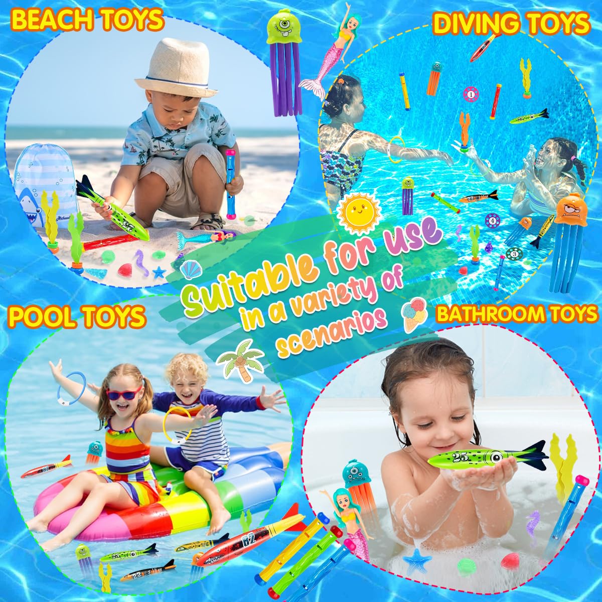 33 Pièces Jouets de Plongée, Jouet de Natation pour Piscine avec Coffret Cadeau, Jeux Piscine Enfant avec Sac de Rangement, Jouet sous Eau été avec Bâtons de Plongée