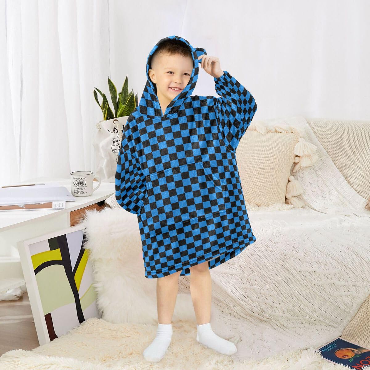 Niebieska szachownica dziecięca koc do noszenia bluza z kapturem oversize bluza koc sweter kratka dla chłopców i dziewcząt w wieku 3-14 lat