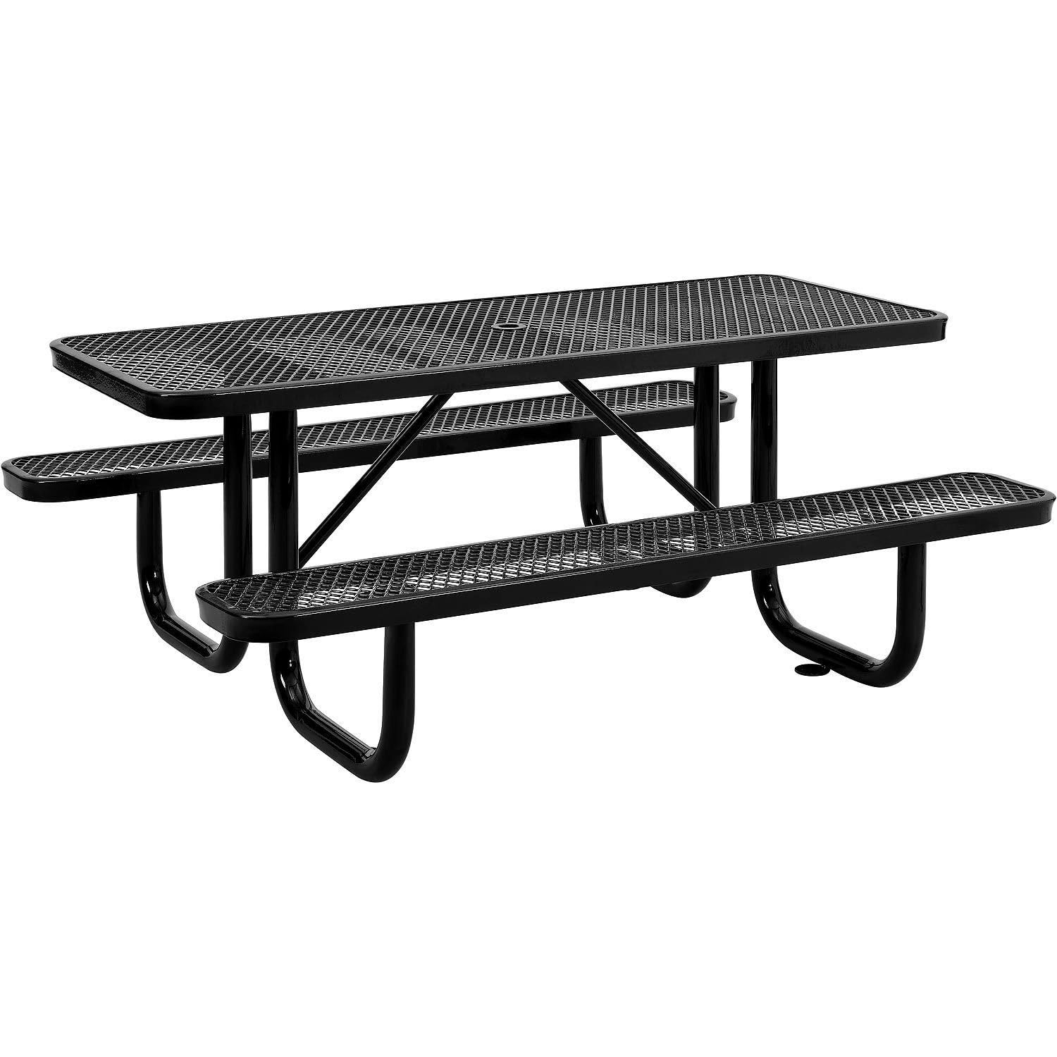 Global Industrial 6’L Rectangular Picnic Table, Expanded Metal, Black Thermoplastic Coating, Attached Benches, 1-1/2” Umbrella Pole Hole, Outdoor-Rated, 1000 lb Capacity, 72” x 30” Tabletop
