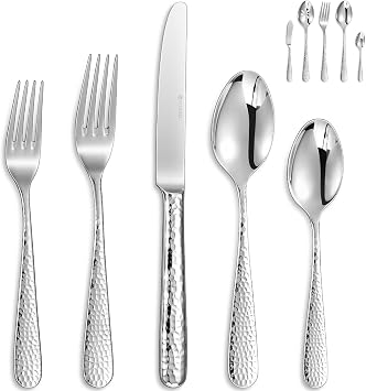 KEAWELL Premium Louise Hammered 20/45/65-Piece Silverware Set 45 | 18/10 Stainless Steel Fine Flatware Set; Round-Edge Design; Service for 4/8/12; Brilliant Mirror Finish; Dishwasher Safe
