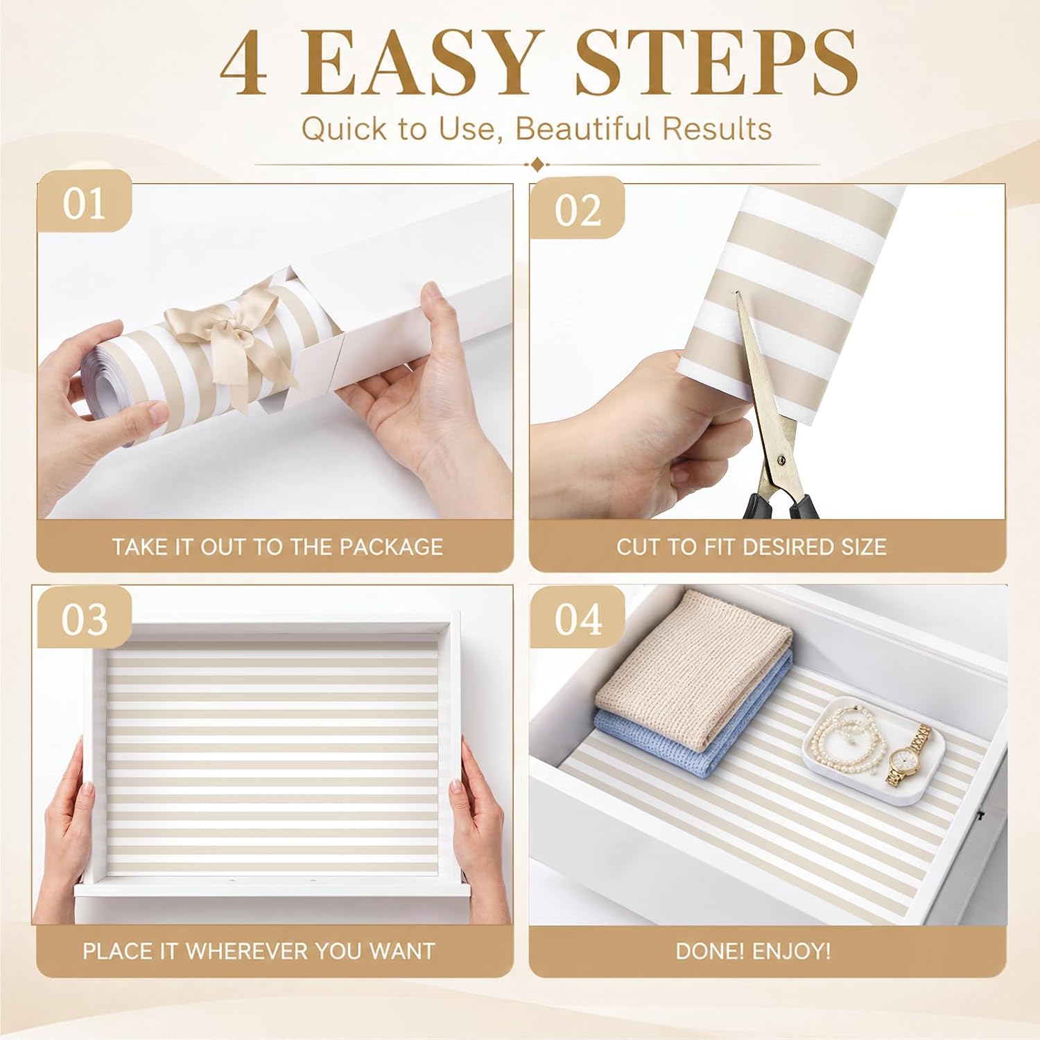 Engrowtic 20 Sheets Beige Striped Drawer Liner, Scented Shelf Liner