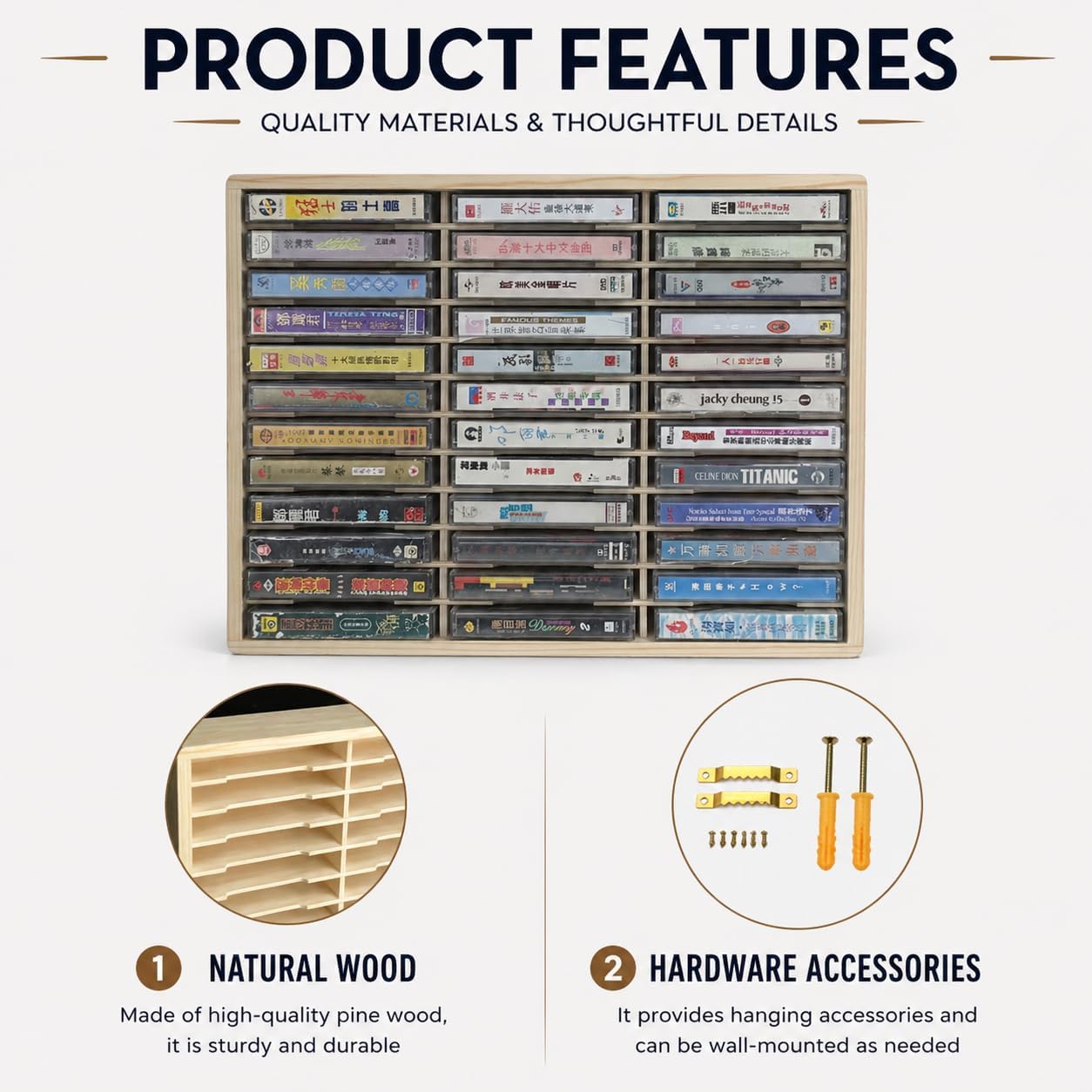 36 slots Cassette Tape Storage Rack Wood Holder, Wall Mount/Freestanding Audio Cassette Organizer for Tapes & Playing Card Storage