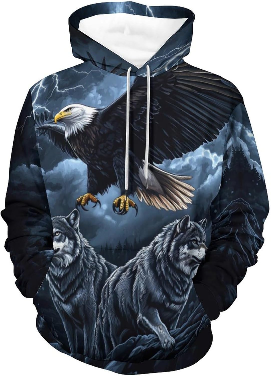 Men's 3d Print Wolf And Bald Eagle Graphic Hoodie Animal Themed Sweatshirt