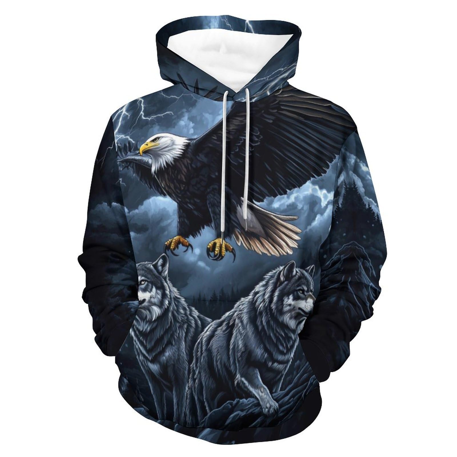 Men's 3D Print Wolf And Bald Eagle Graphic Hoodie Animal Themed Sweatshirt