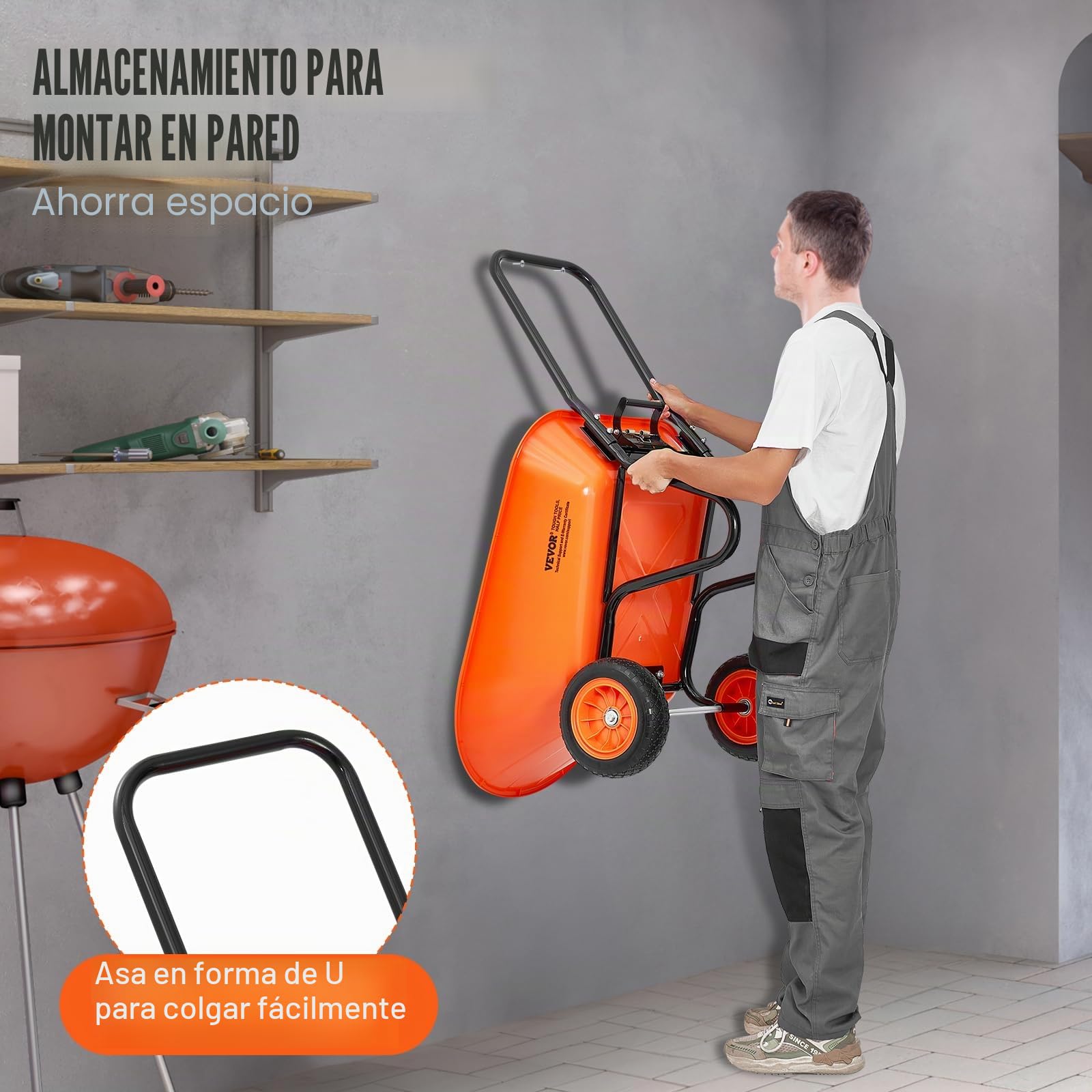 VEVOR Carretilla para Jardín Carga de 180 kg Carro de Descarga con 2 Ruedas de 25,4 cm y Asa Carro Utilitario de Fácil Carga Carrito para Césped al Aire Libre, Patio, Granja, Naranja y Negro