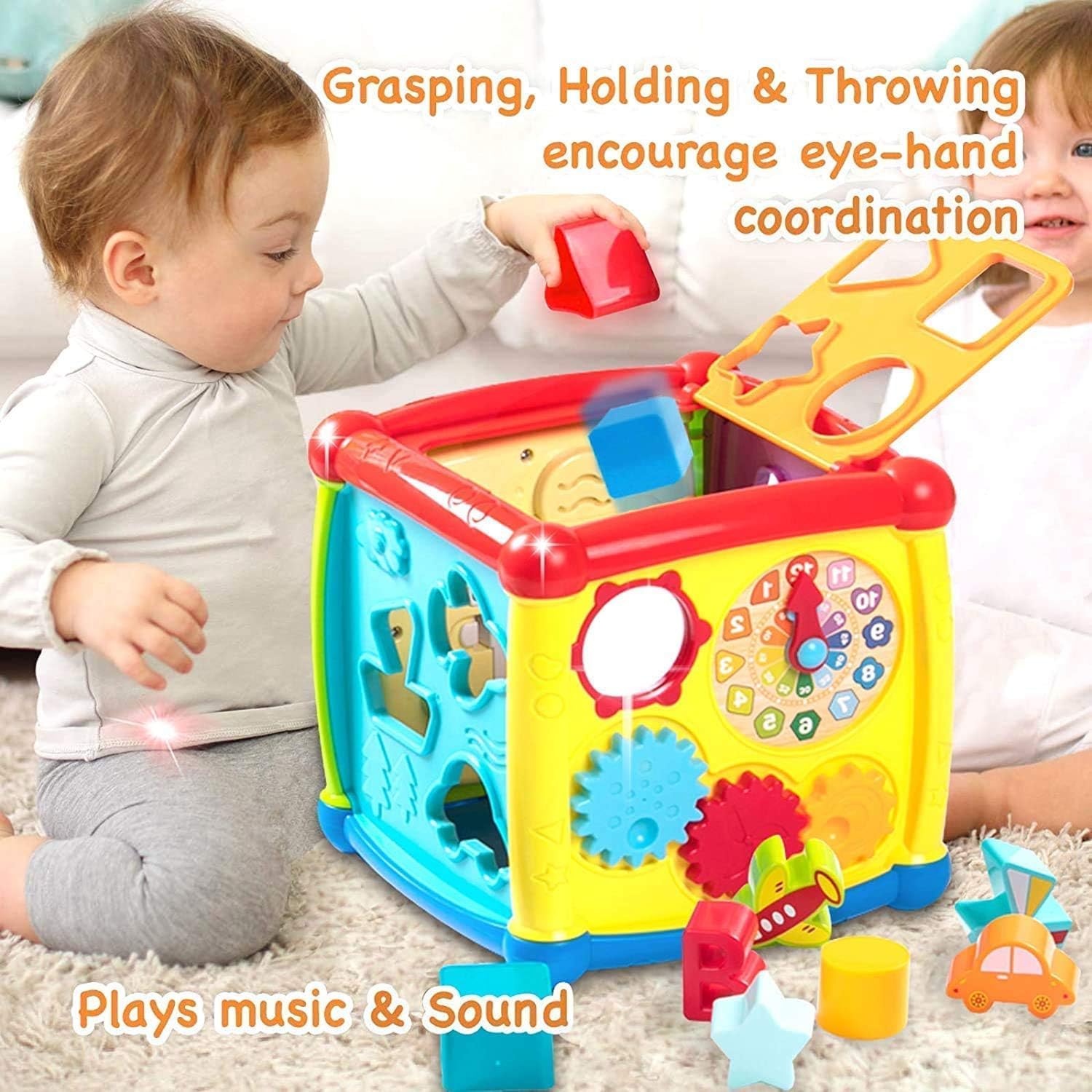 Cojuz 6-in-1 Activity Cube: ABC Letters, Shape Sorter, Vehicle, Clock, Piano, Alphabets-Tree - Educational Toy for Toddlers & Kids - Multi Color 2