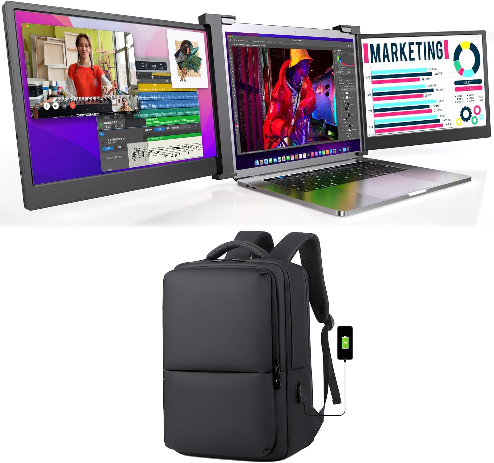 LIMINK S19 Portable Triple Monitor with LIMINK Travel Laptop Backpack