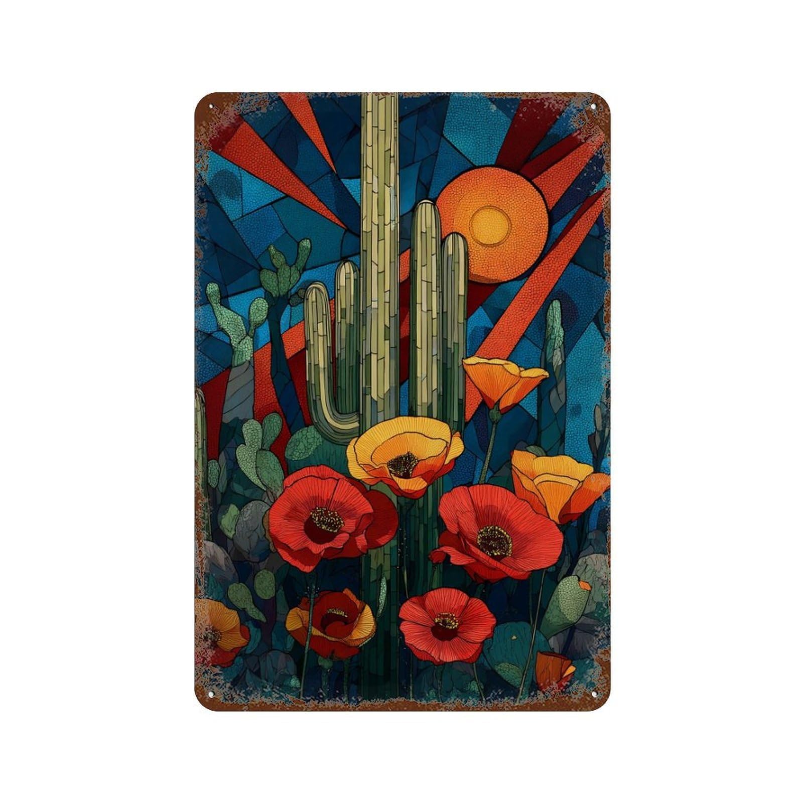 Vintage Metal Tin Sign Desert Sunset Stained Glass 11.8"x7.9", Classic Wall Plaque for Pub, Kitchen And Man Cave Decor