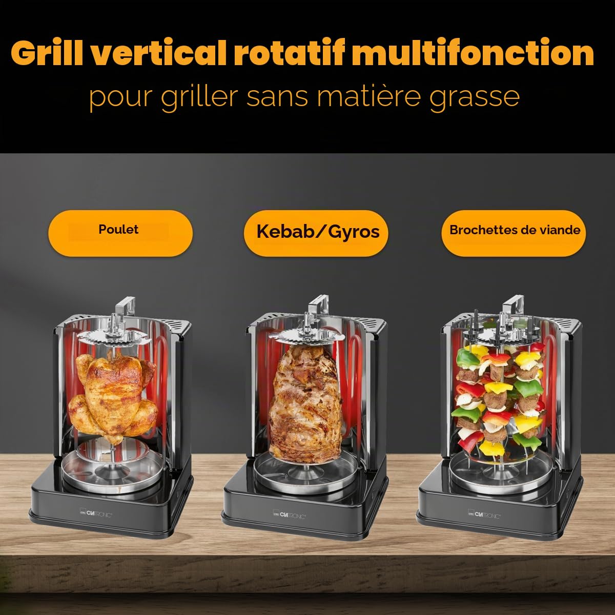 Clatronic® Döner Multigrill | Parfait pour les gyros, kebabs & Co | Gril gyros pour griller sans graisse à la maison | Gril à kebab Incl. tournebroche & 6 brochettes de viande | DVG 3686