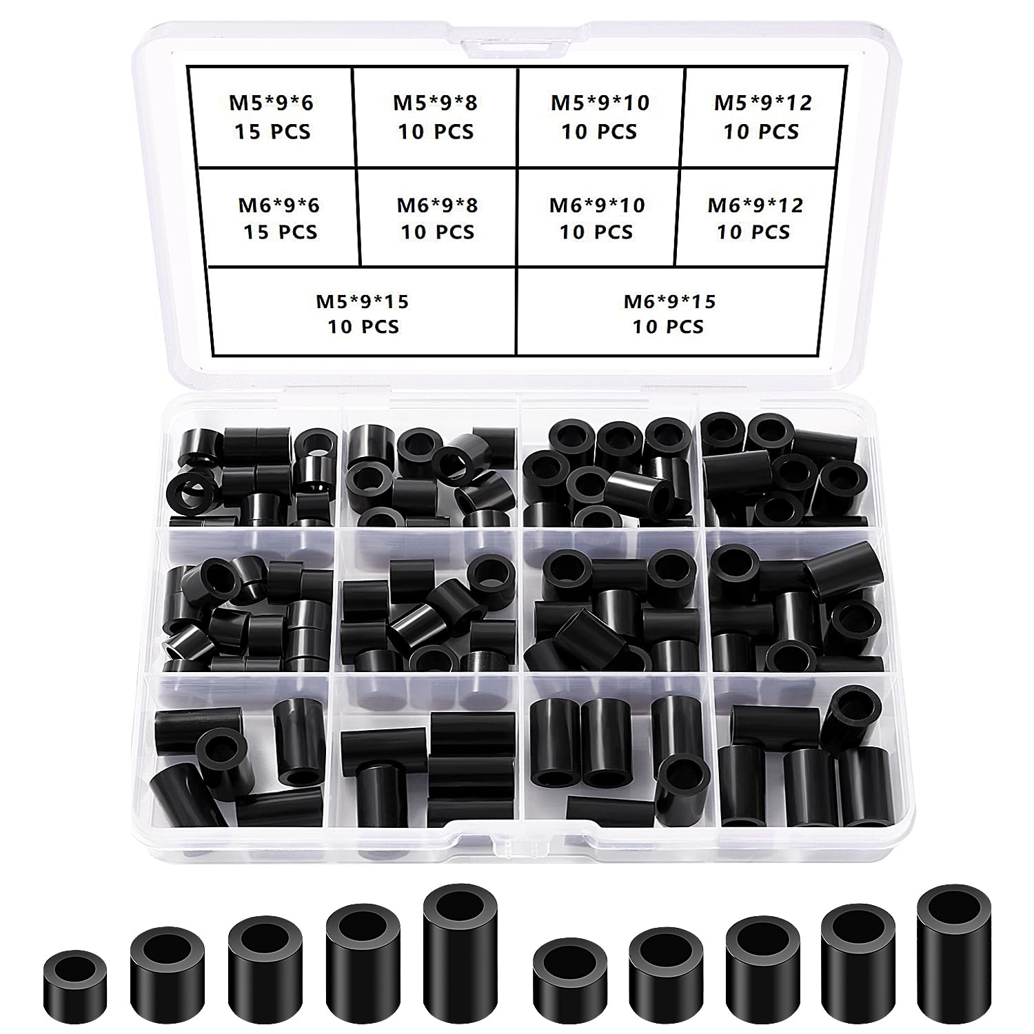 YIXISI 110 Pezzi ABS Rotondo Distanziatori Kit, per Viti M5 / M6, Isolanti Non Filettate Colonna Supporto Distanziatori Rondella, OD 9mm, Nero